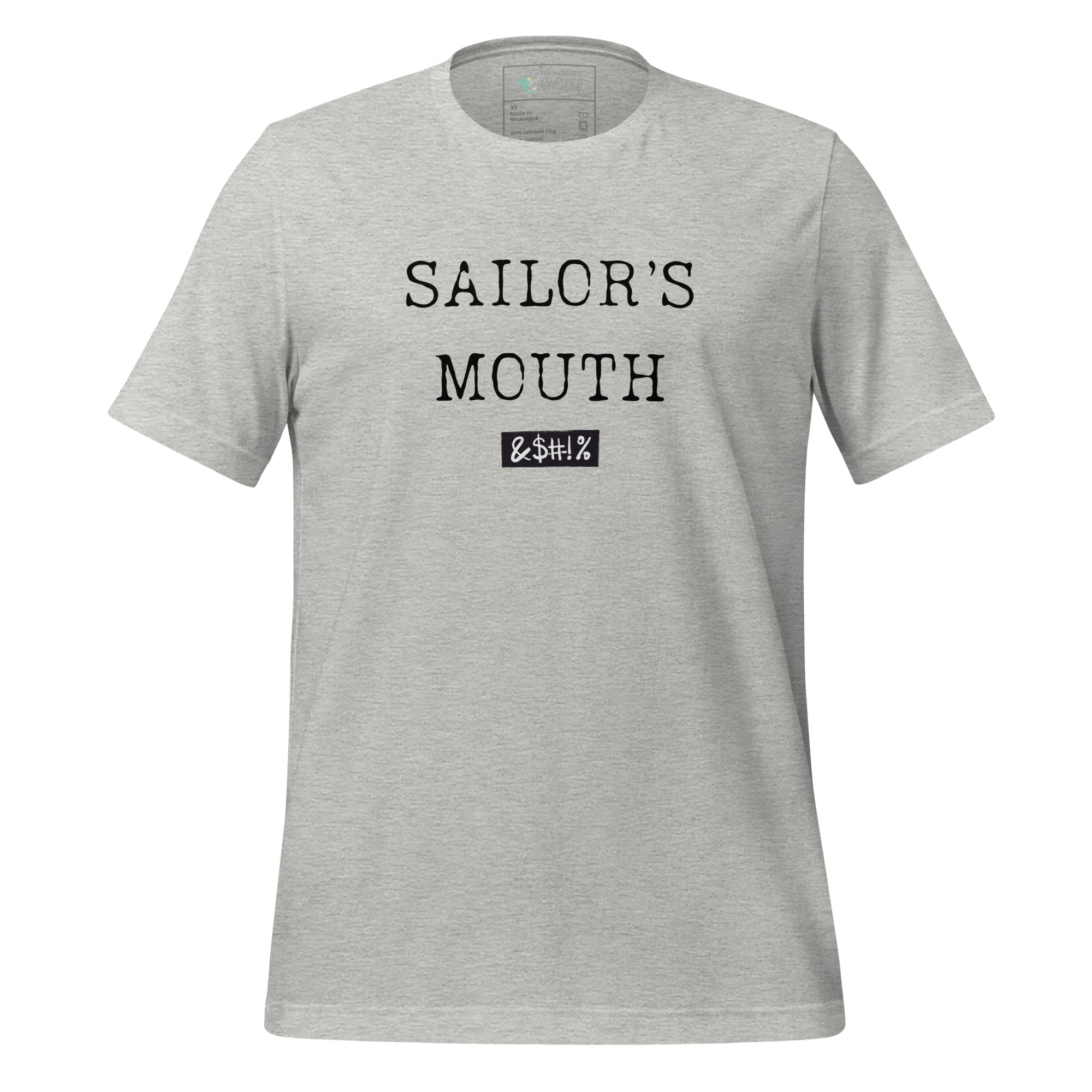 Front view of unisex athletic heather T-shirt with black wording reading “Sailors Mouth” by The Naughty Angler™
