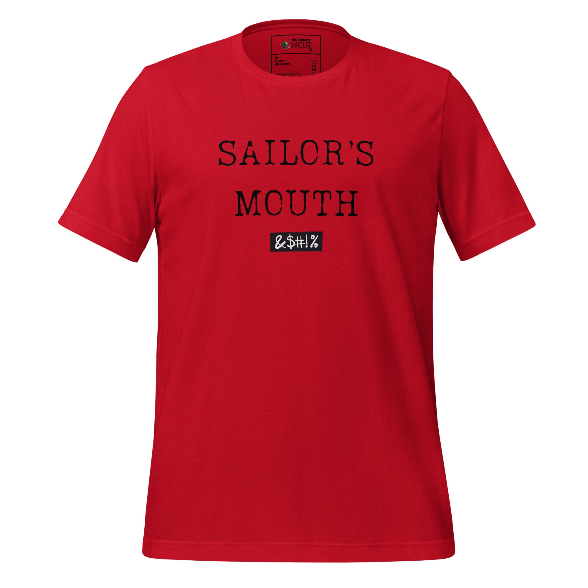 Front view of unisex red T-shirt with black wording reading “Sailors Mouth” by The Naughty Angler™
