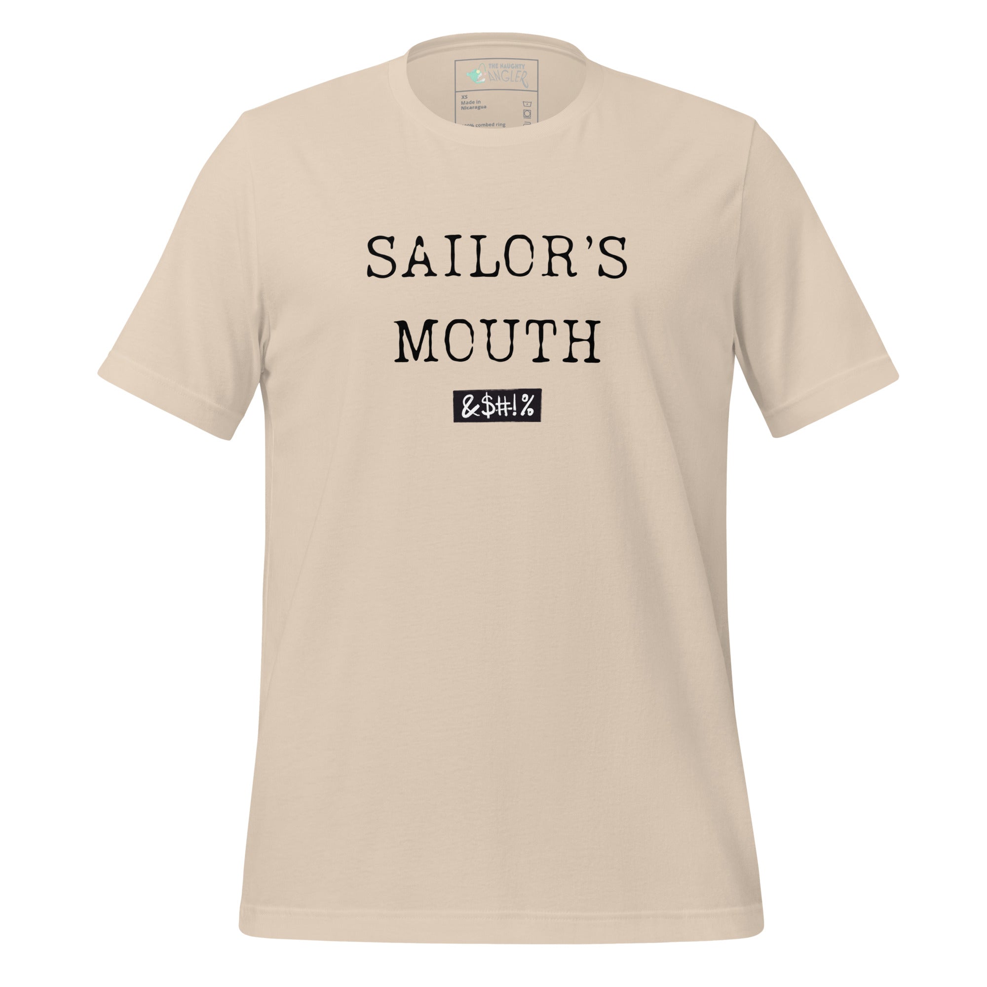 Front view of unisex soft cream T-shirt with black wording reading “Sailors Mouth” by The Naughty Angler™
