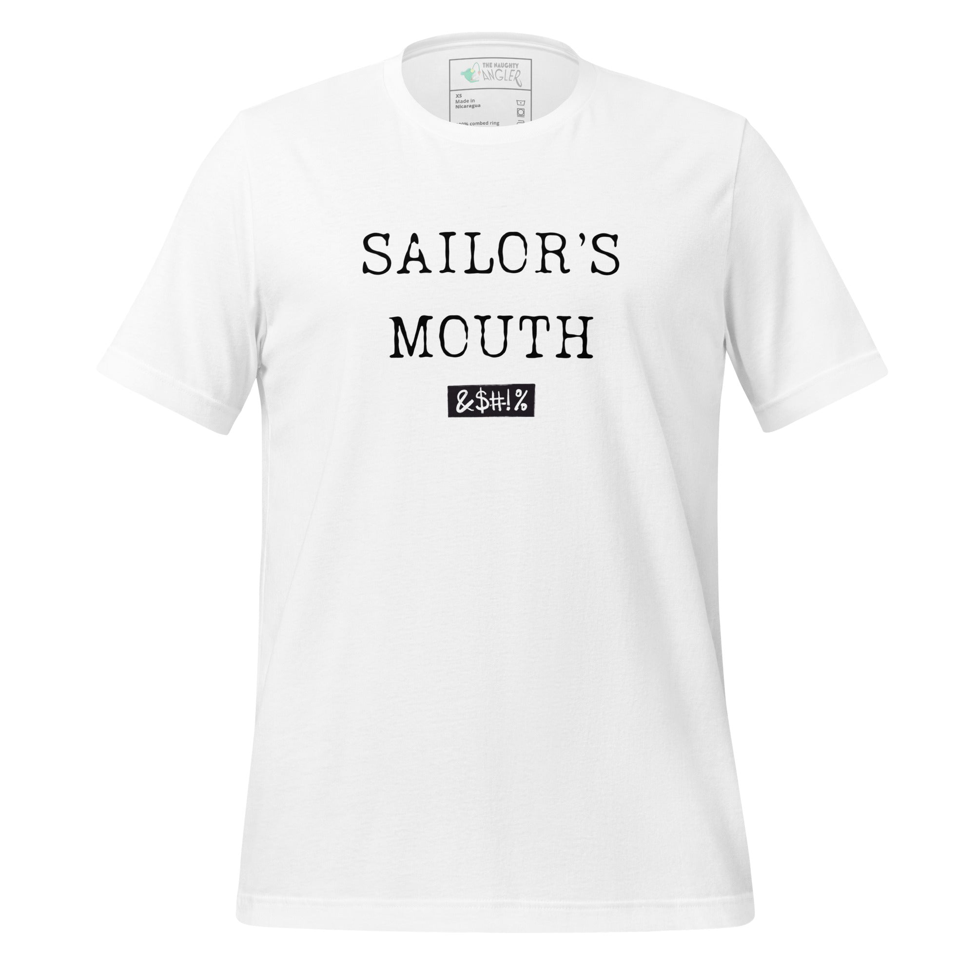 Front view of unisex white T-shirt with black wording reading “Sailors Mouth” by The Naughty Angler™
