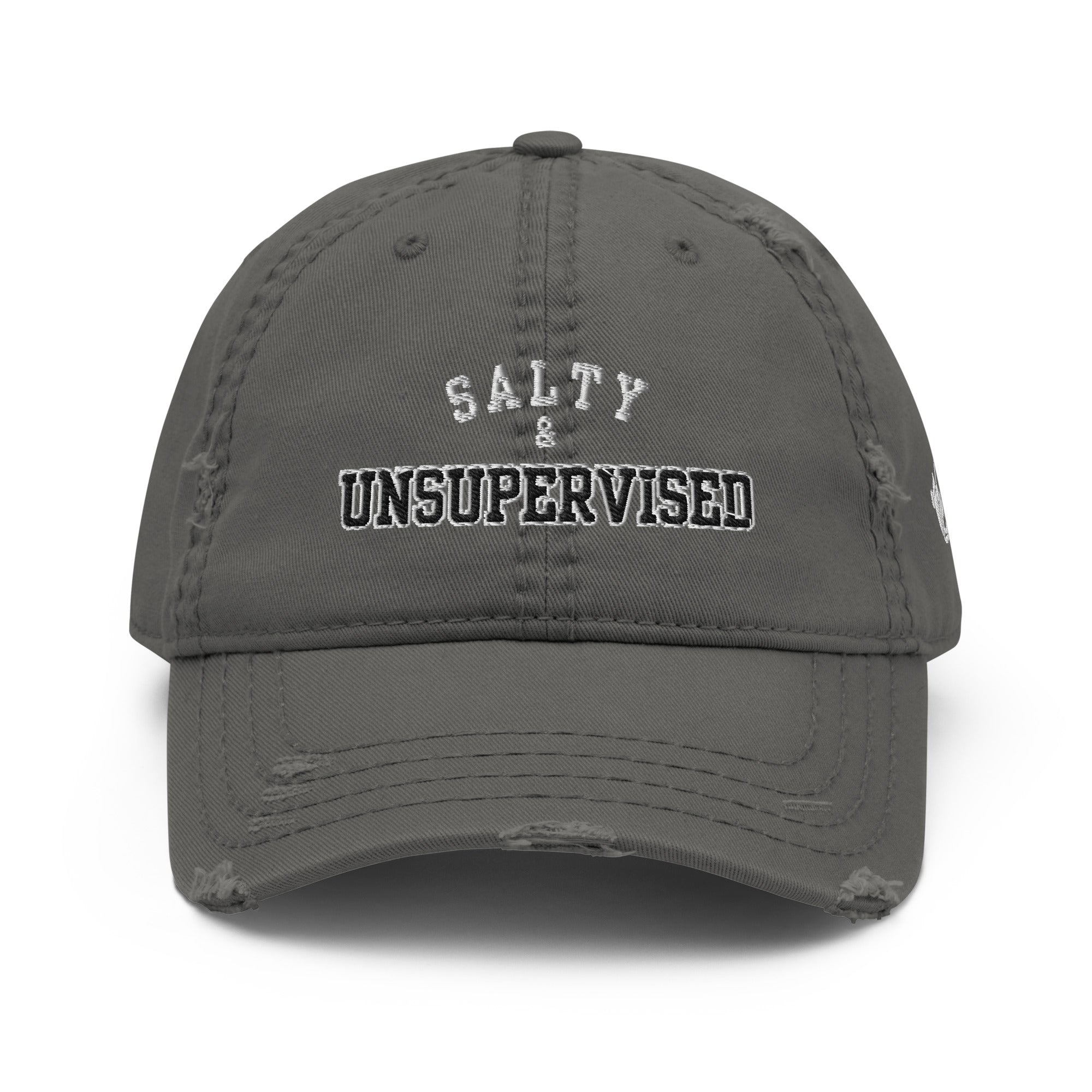 Charcoal grey distressed dad hat with front embroidered wording “Salty & Unsupervised” in black and white by The Naughty Angler™
