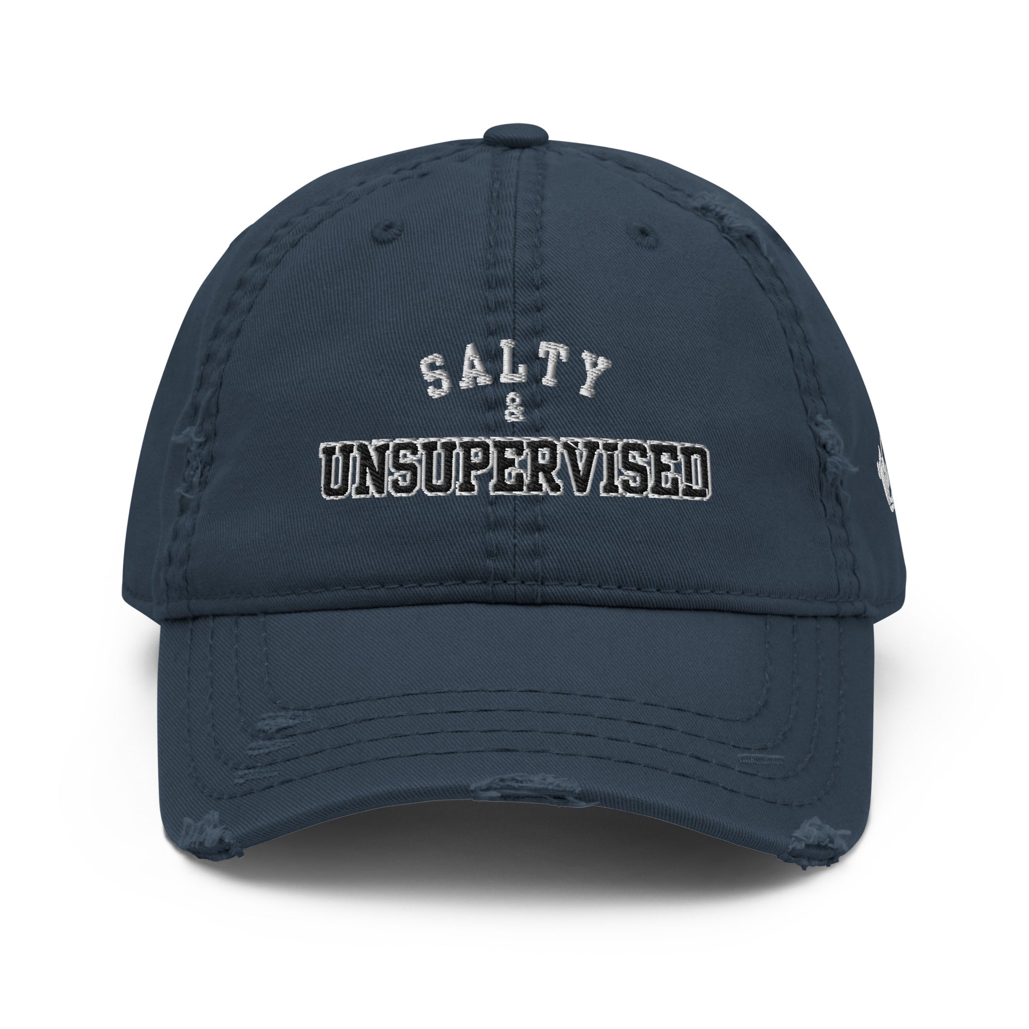 Navy distressed dad hat with front embroidered wording “Salty & Unsupervised” in black and white by The Naughty Angler™
