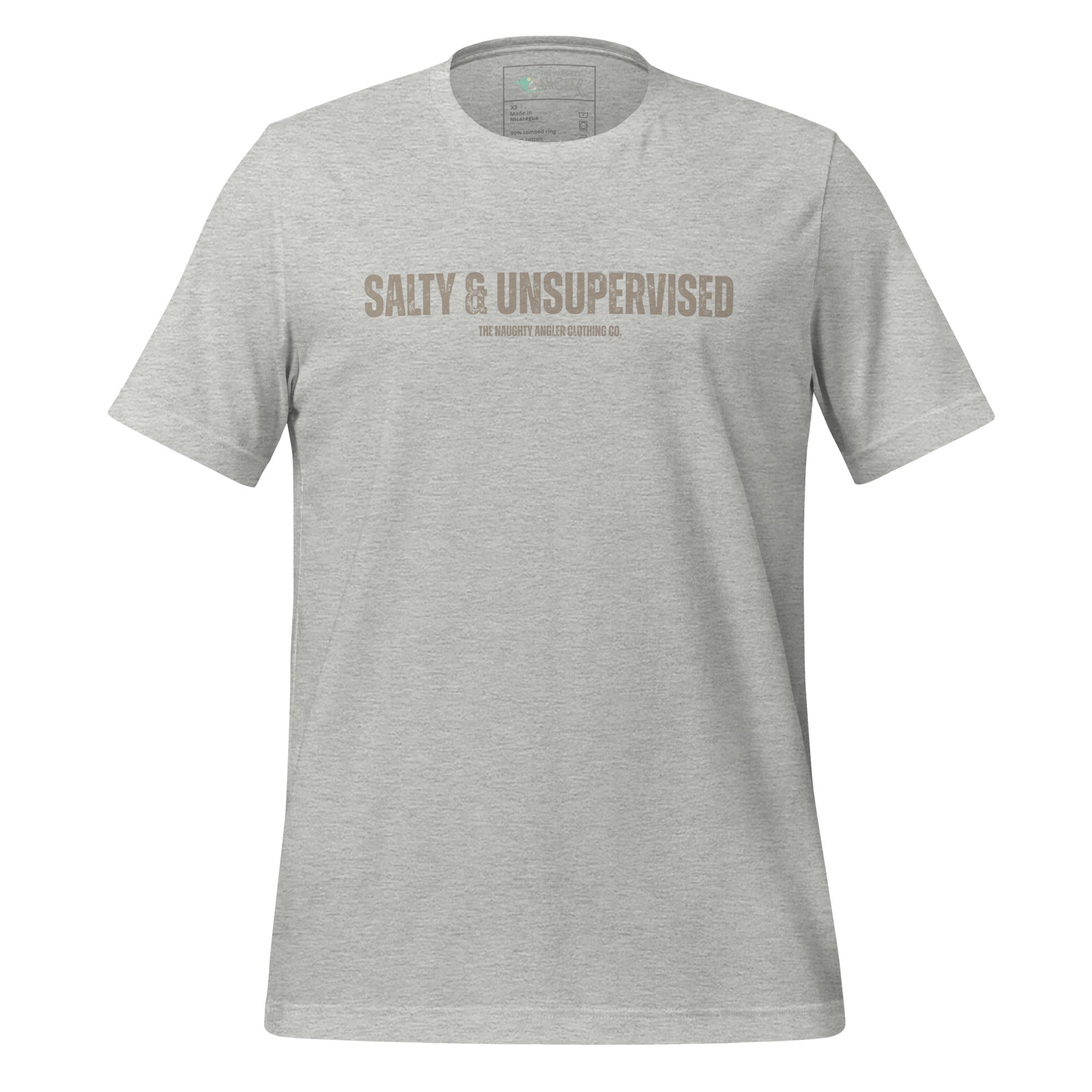 Front view of unisex athletic heather T-shirt with tan wording reading “Salty & Unsupervised” by The Naughty Angler™
