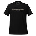 Front view of unisex black T-shirt with tan wording reading “Salty & Unsupervised” by The Naughty Angler™
