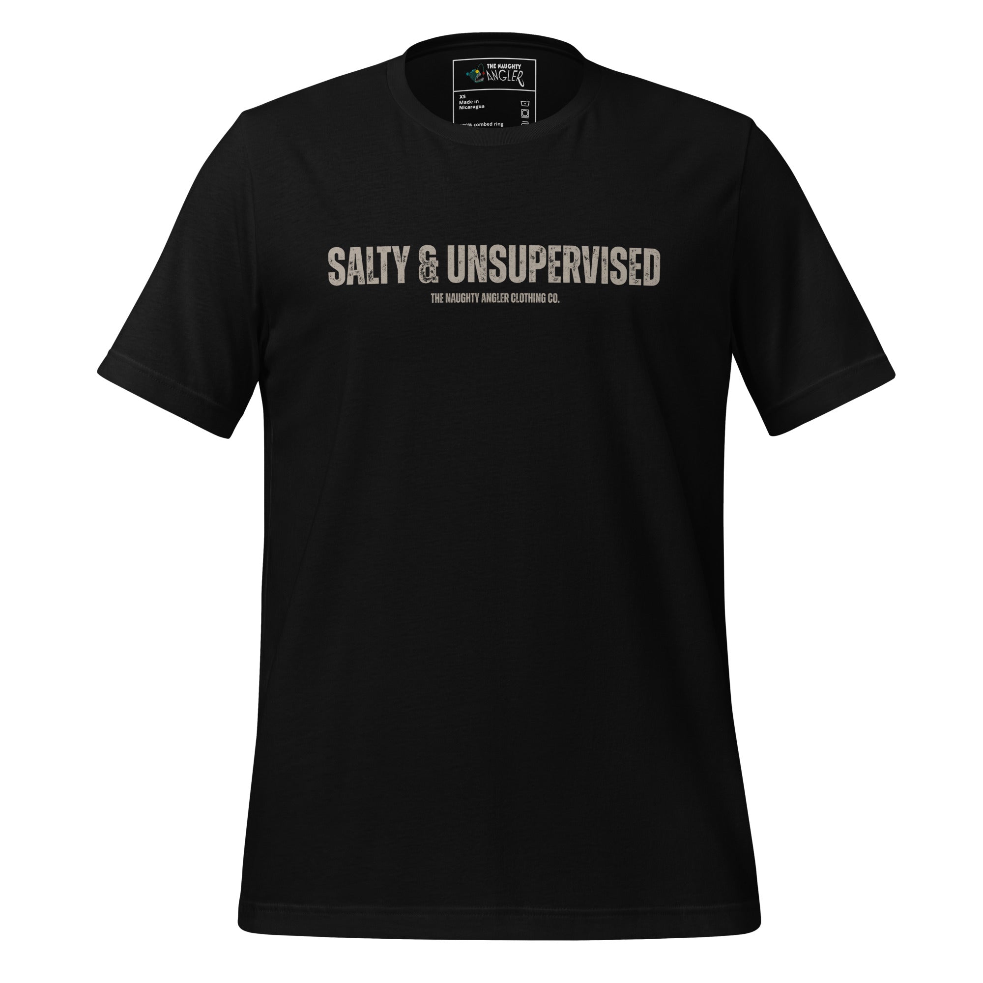 Front view of unisex black T-shirt with tan wording reading “Salty & Unsupervised” by The Naughty Angler™
