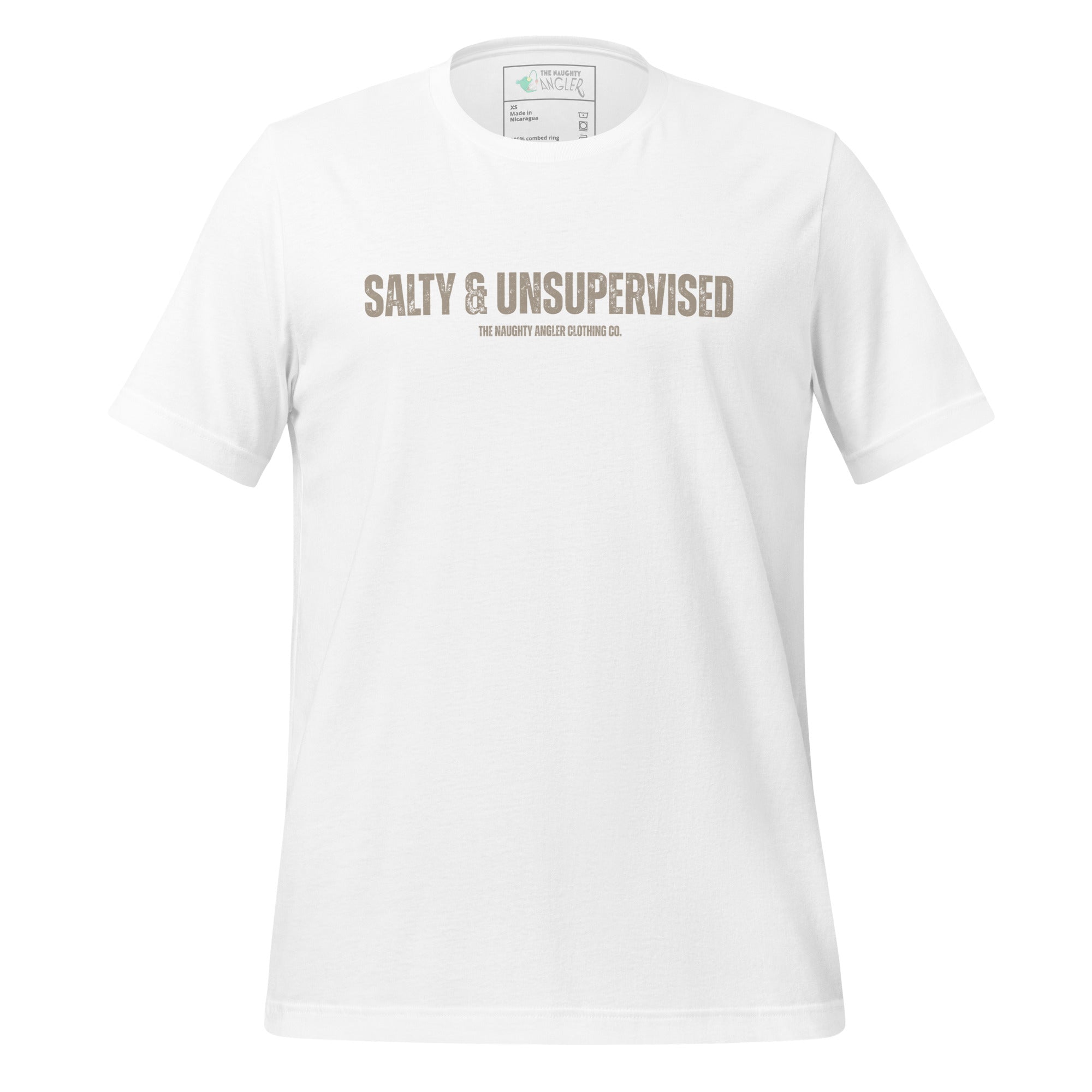 Front view of unisex white T-shirt with tan wording reading “Salty & Unsupervised” by The Naughty Angler™
