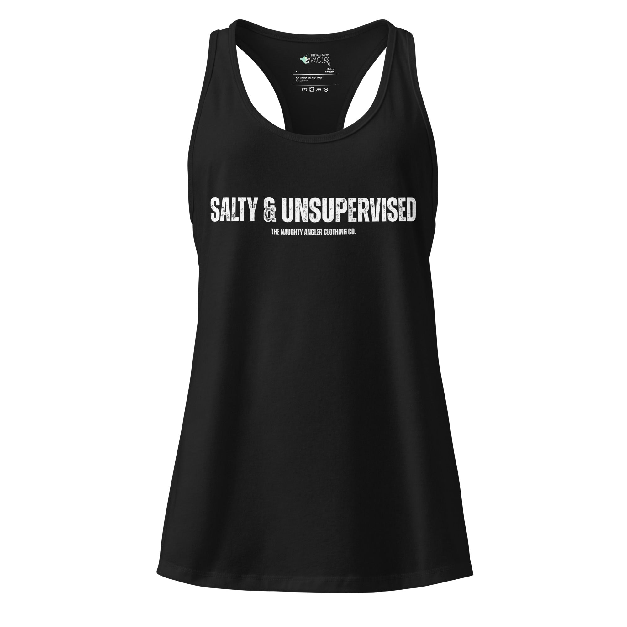 Front view of women’s black fitted racerback tank top with wording “Salty and Unsupervised” by The Naughty Angler™
