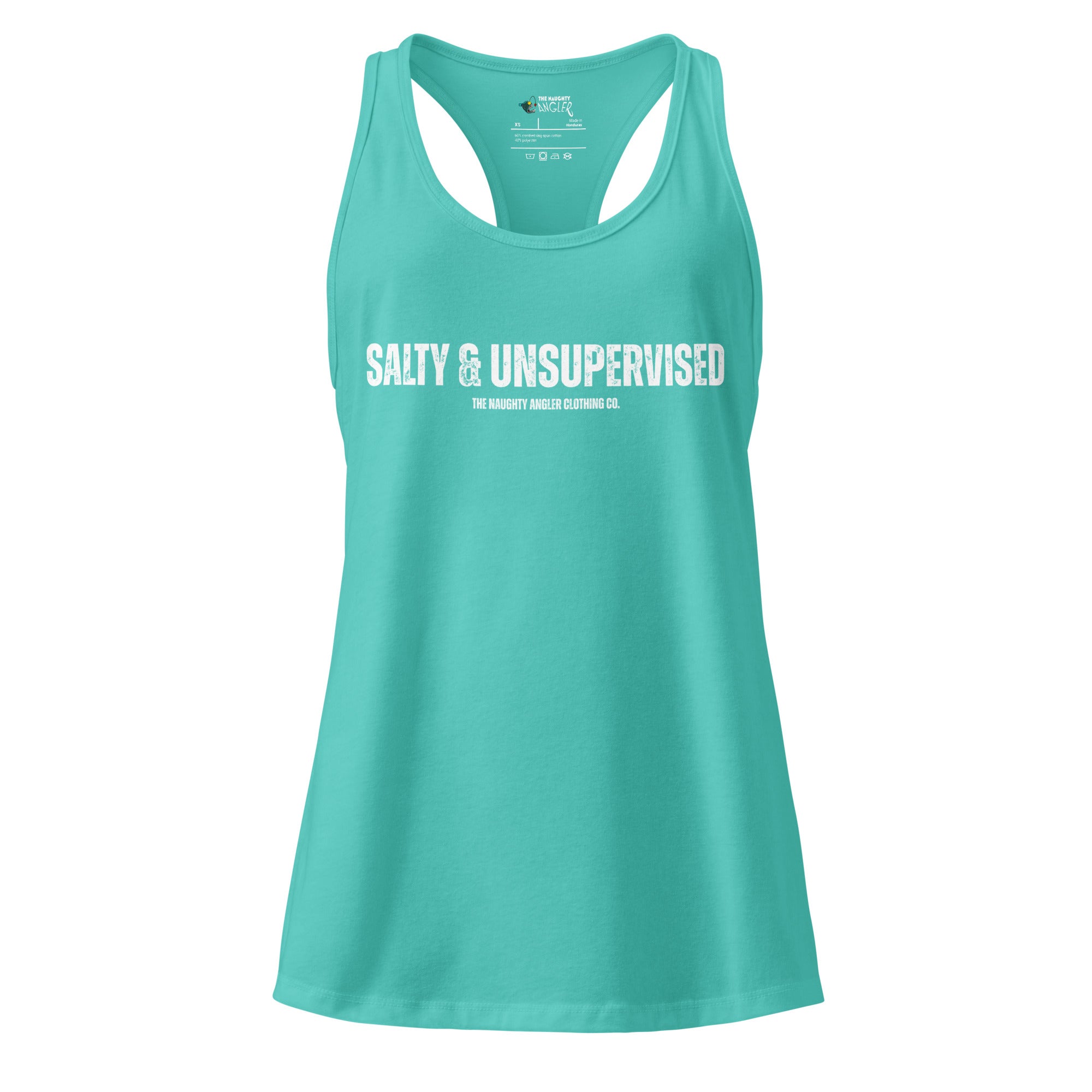 Front view of women’s Tahiti blue fitted racerback tank top with wording “Salty and Unsupervised” by The Naughty Angler™
