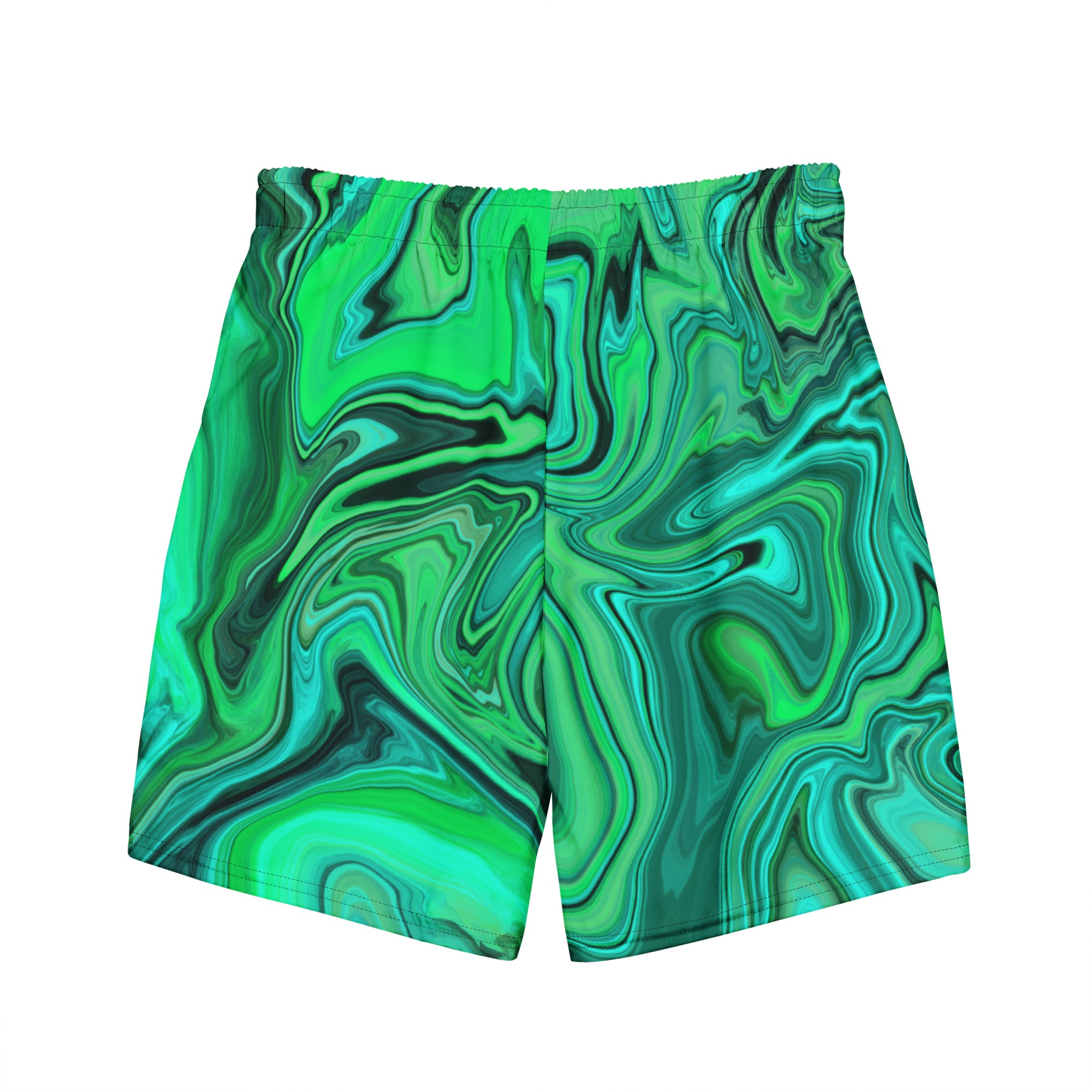 Back view of men’s sea green recycled swim trunks with no logo
