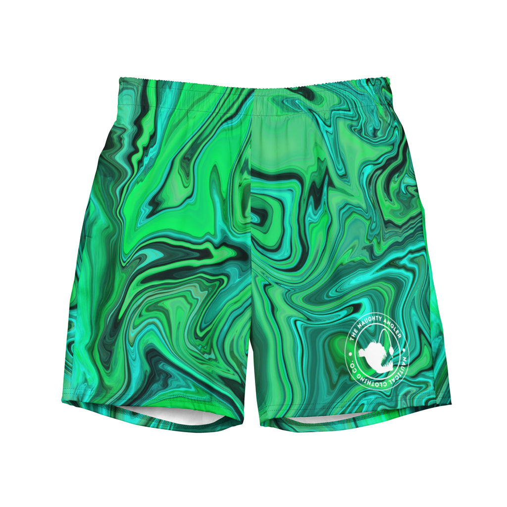 Front view of men’s sea green recycled swim trunks with white circular The Naughty Angler™ logo
