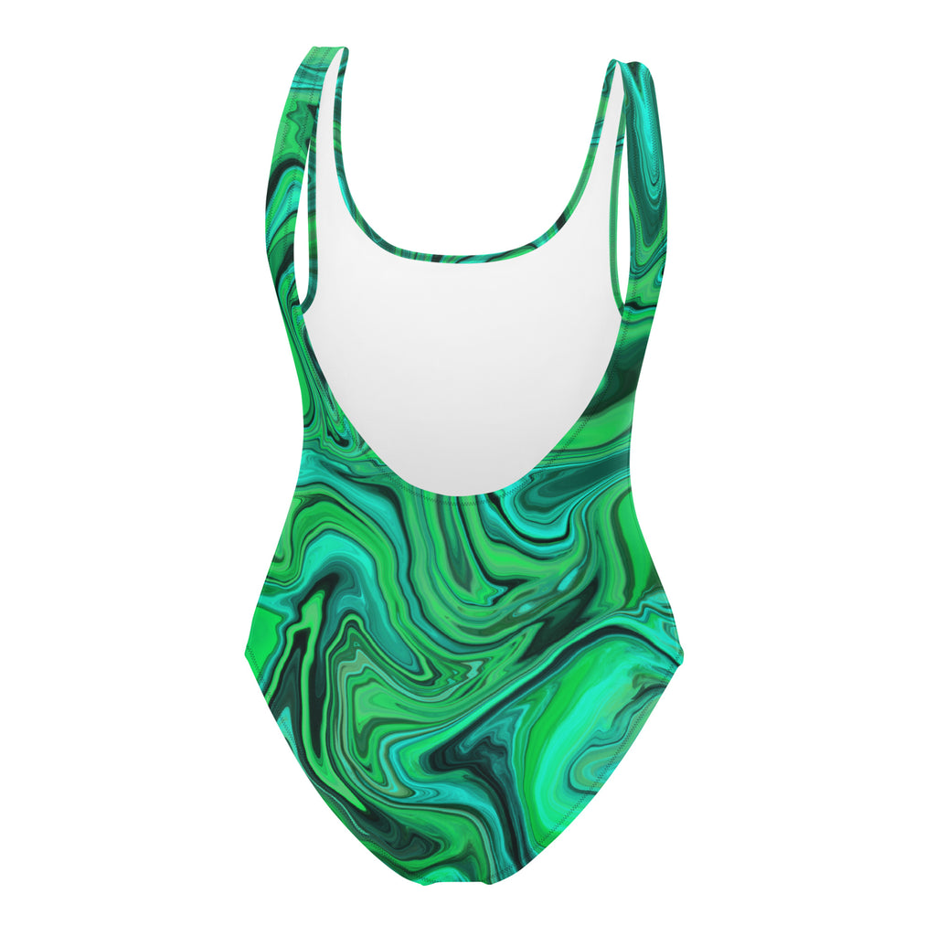 Back view of women’s sea green one-piece swimsuit featuring green fluid art design, no logo
