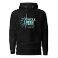 Front view of unisex black hoodie with light teal shell illustration and the wording “Shell Yeah I’m Moody” by The Naughty Angler™
