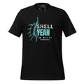 Front view of unisex black T-shirt with light teal shell illustration and the wording “Shell Yeah I’m Moody” by The Naughty Angler™

