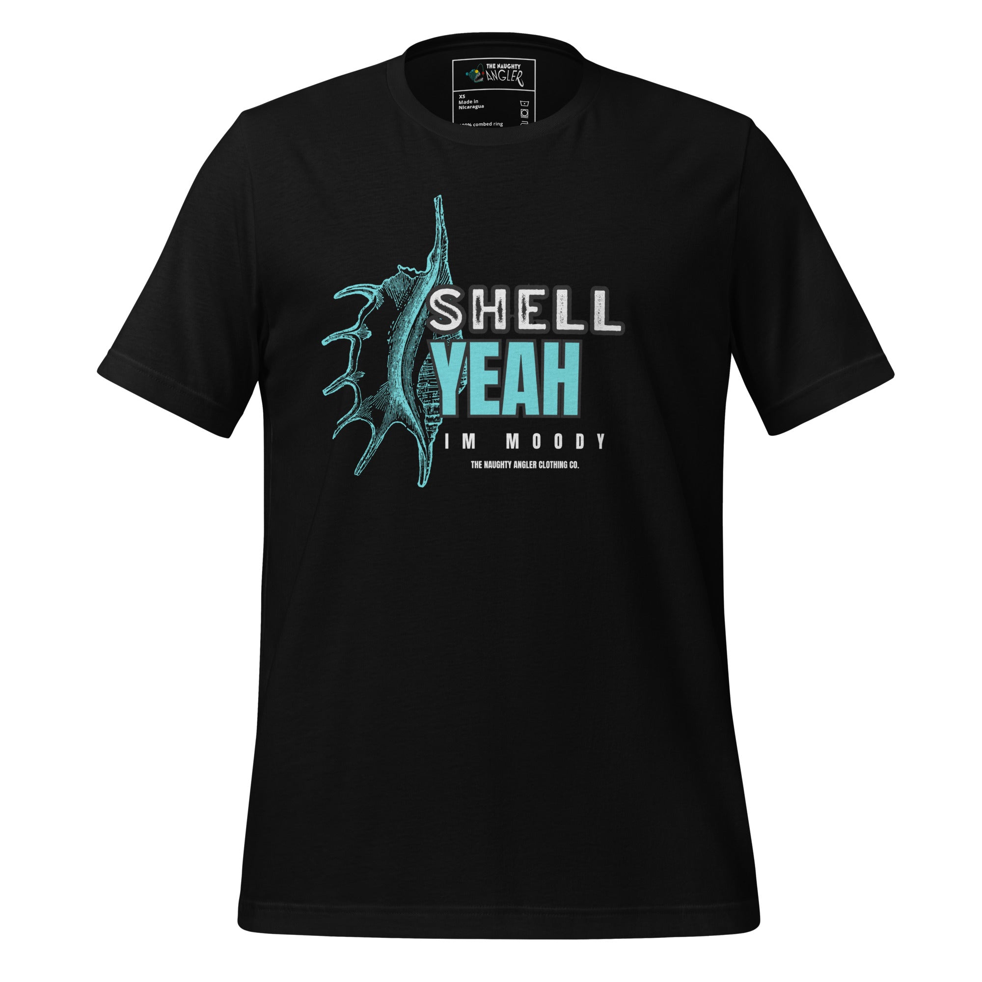 Front view of unisex black T-shirt with light teal shell illustration and the wording “Shell Yeah I’m Moody” by The Naughty Angler™
