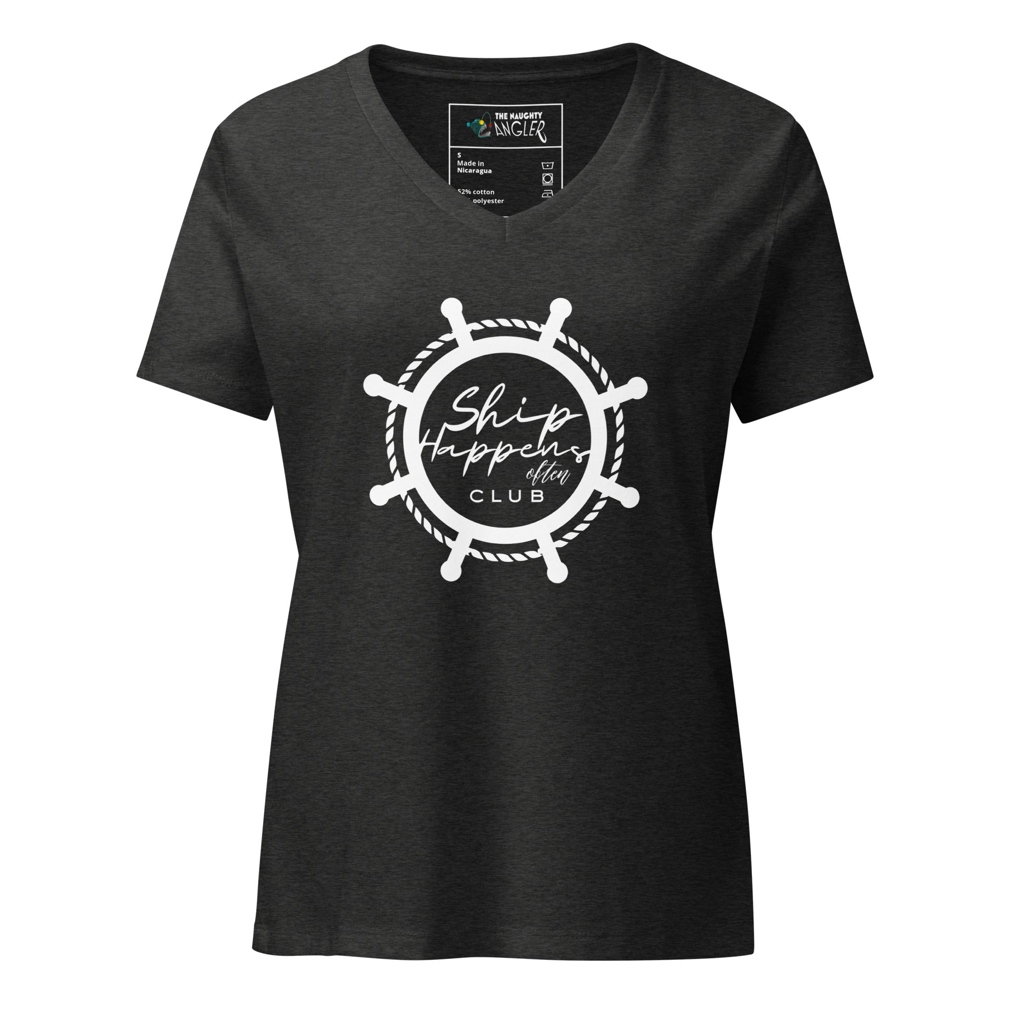 Front view of women’s dark grey heather relaxed V-neck T-shirt with ship wheel graphic and the saying “Ship Happens Often Club” inside the wheel by The Naughty Angler™
