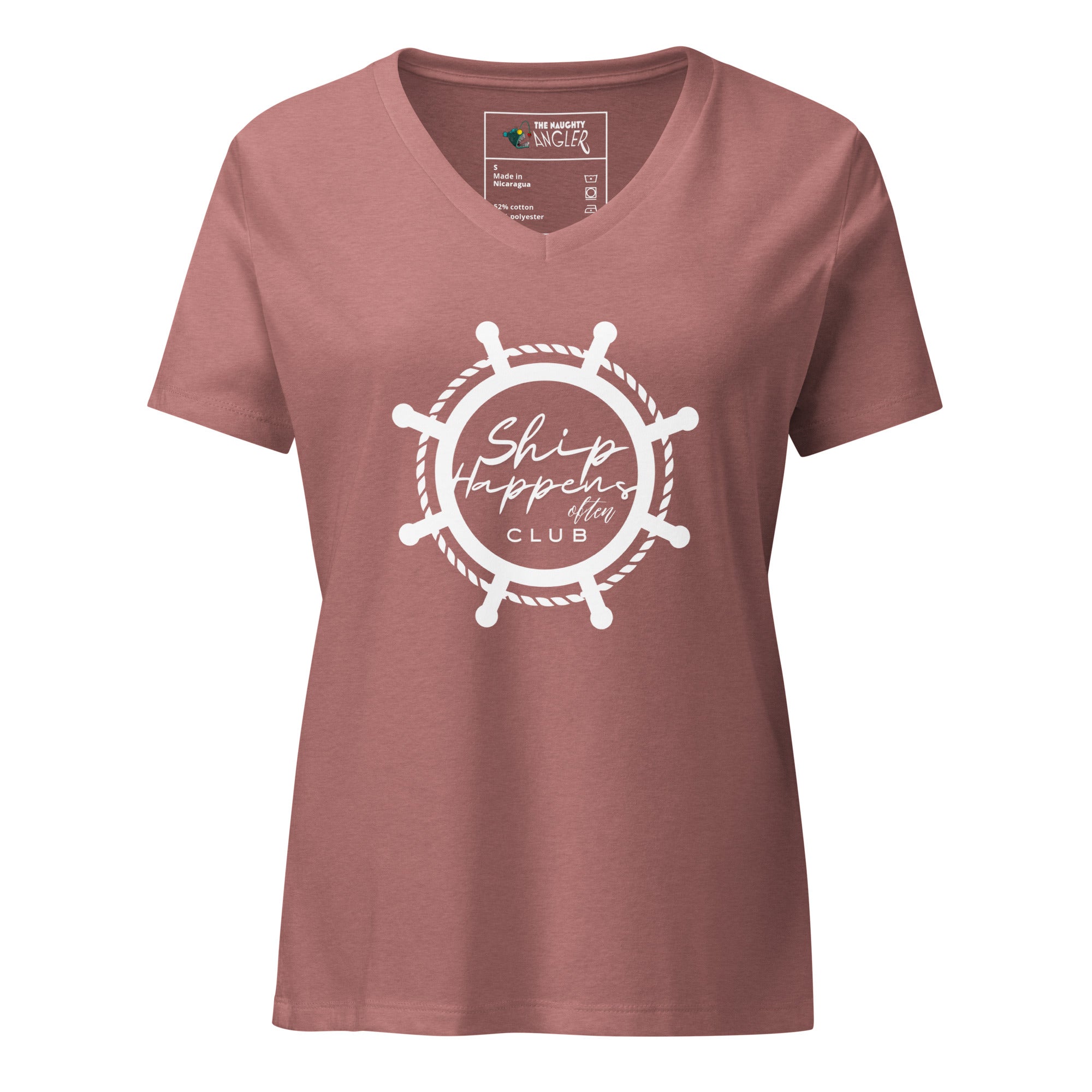 Front view of women’s heather mauve relaxed V-neck T-shirt with ship wheel graphic and the saying “Ship Happens Often Club” inside the wheel by The Naughty Angler™
