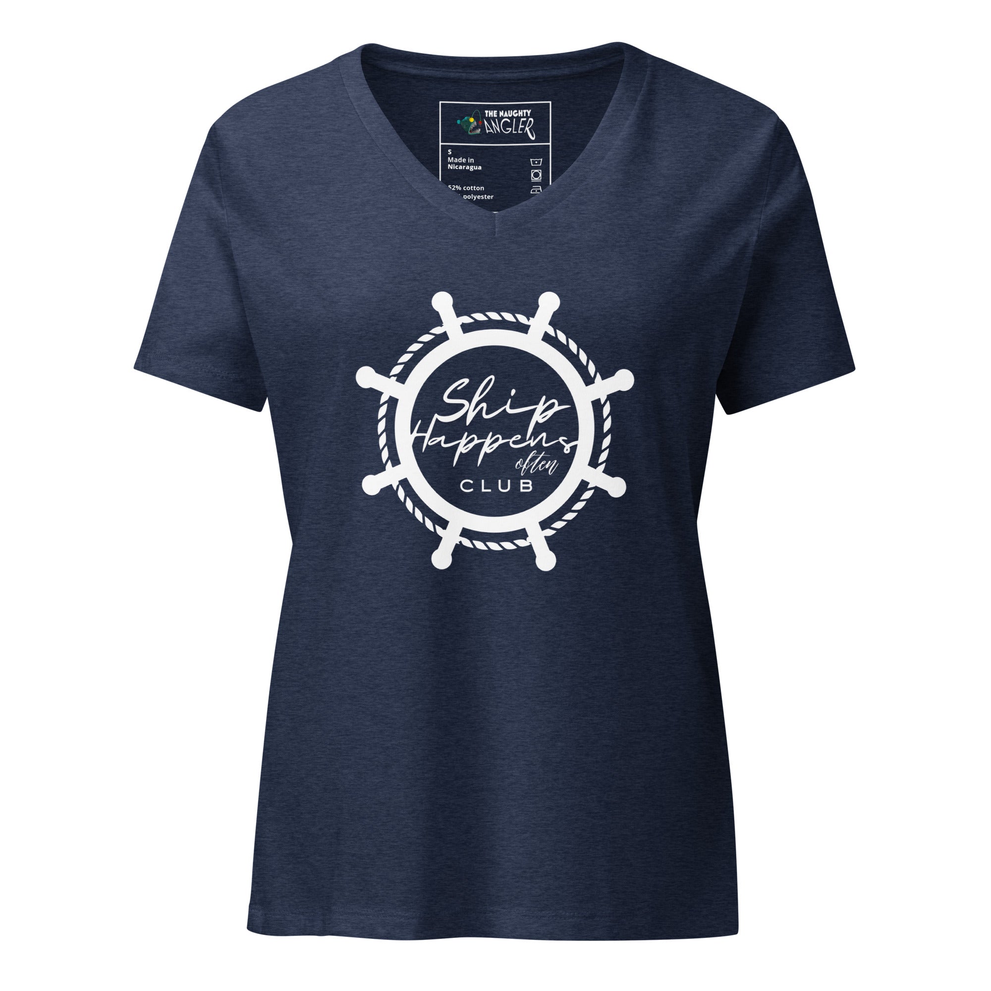 Front view of women’s heather navy relaxed V-neck T-shirt with ship wheel graphic and the saying “Ship Happens Often Club” inside the wheel by The Naughty Angler™
