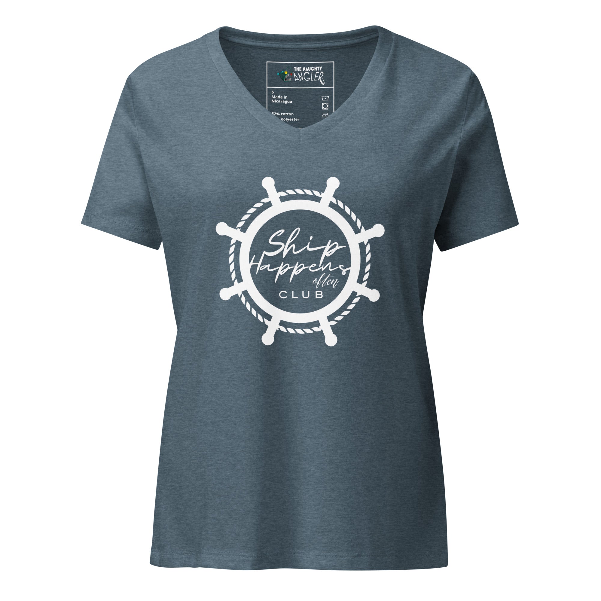 Front view of women’s heather slate relaxed V-neck T-shirt with ship wheel graphic and the saying “Ship Happens Often Club” inside the wheel by The Naughty Angler™
