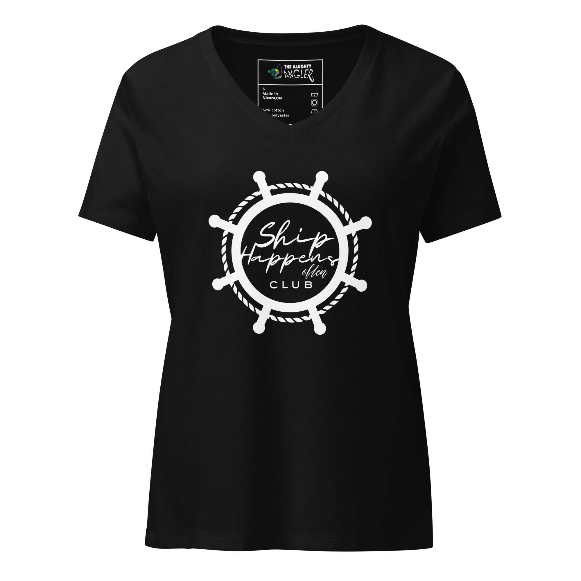 Front view of women’s solid black blend relaxed V-neck T-shirt with ship wheel graphic and the saying “Ship Happens Often Club” inside the wheel by The Naughty Angler™
