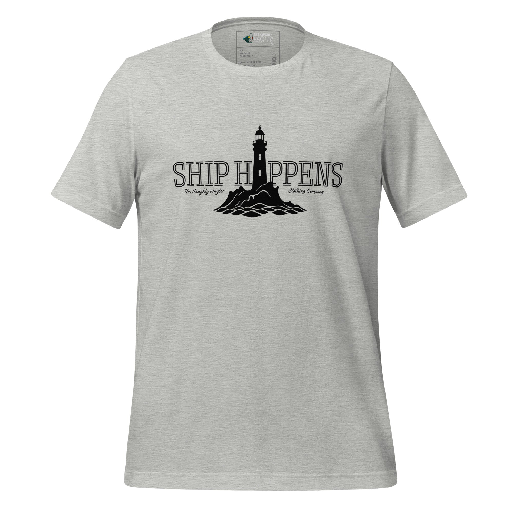 Front view of unisex athletic heather T-shirt with lighthouse graphic and the wording “Ship Happens” by The Naughty Angler™
