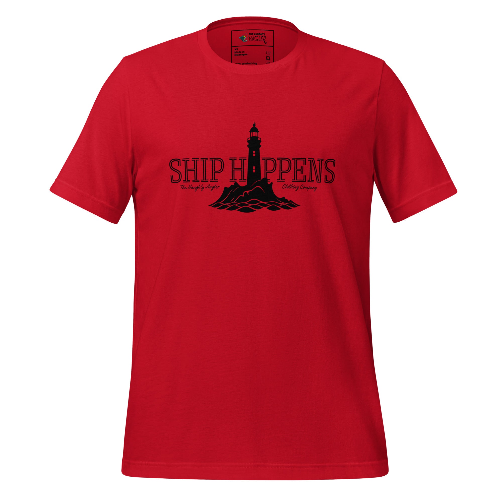 Front view of unisex red T-shirt with lighthouse graphic and the wording “Ship Happens” by The Naughty Angler™
