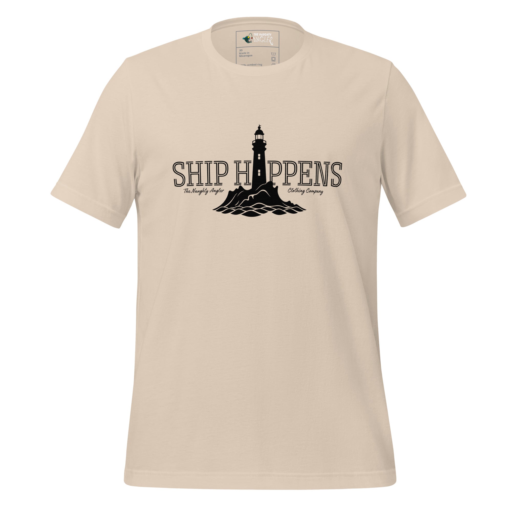 Front view of unisex soft cream T-shirt with lighthouse graphic and the wording “Ship Happens” by The Naughty Angler™
