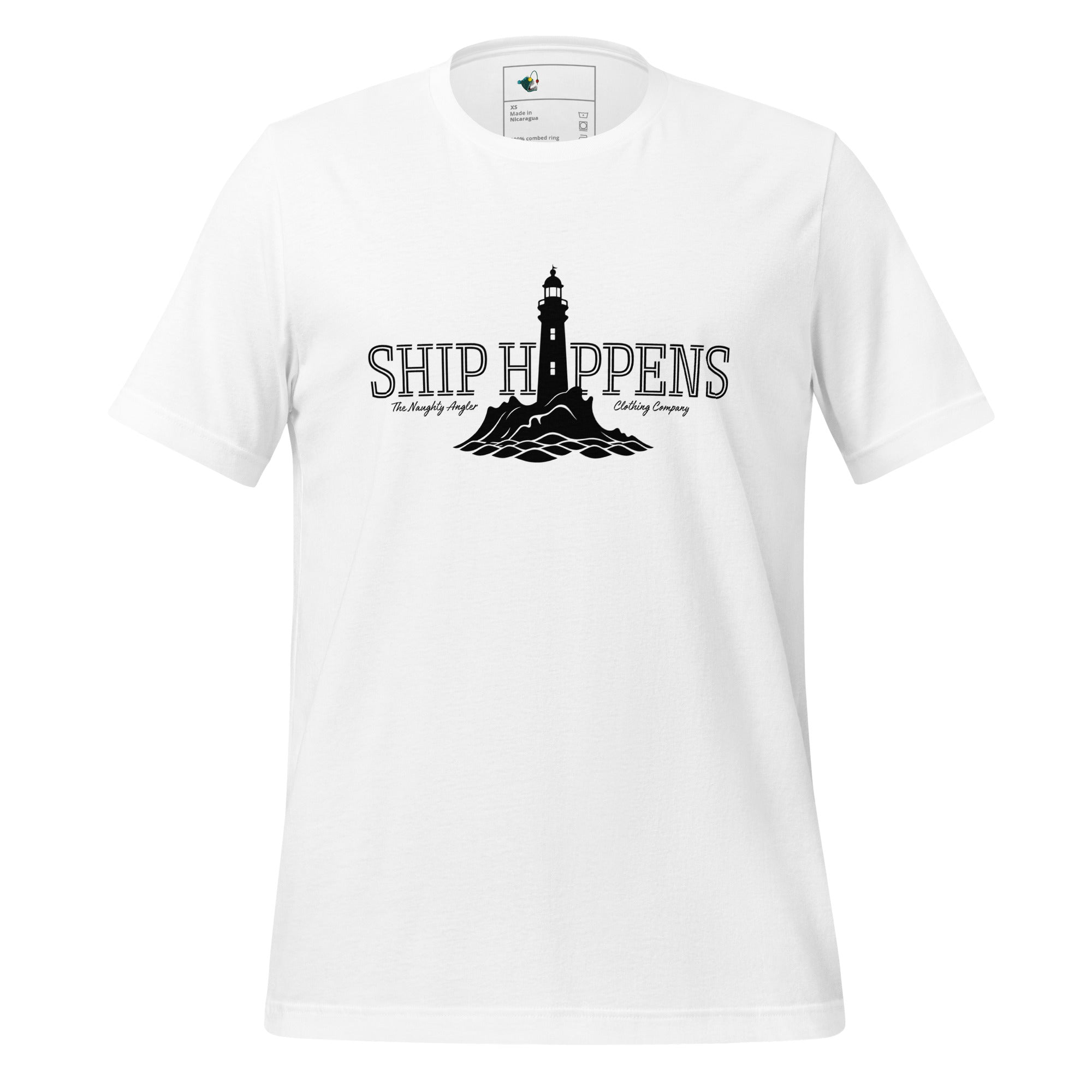 Front view of unisex white T-shirt with lighthouse graphic and the wording “Ship Happens” by The Naughty Angler™
