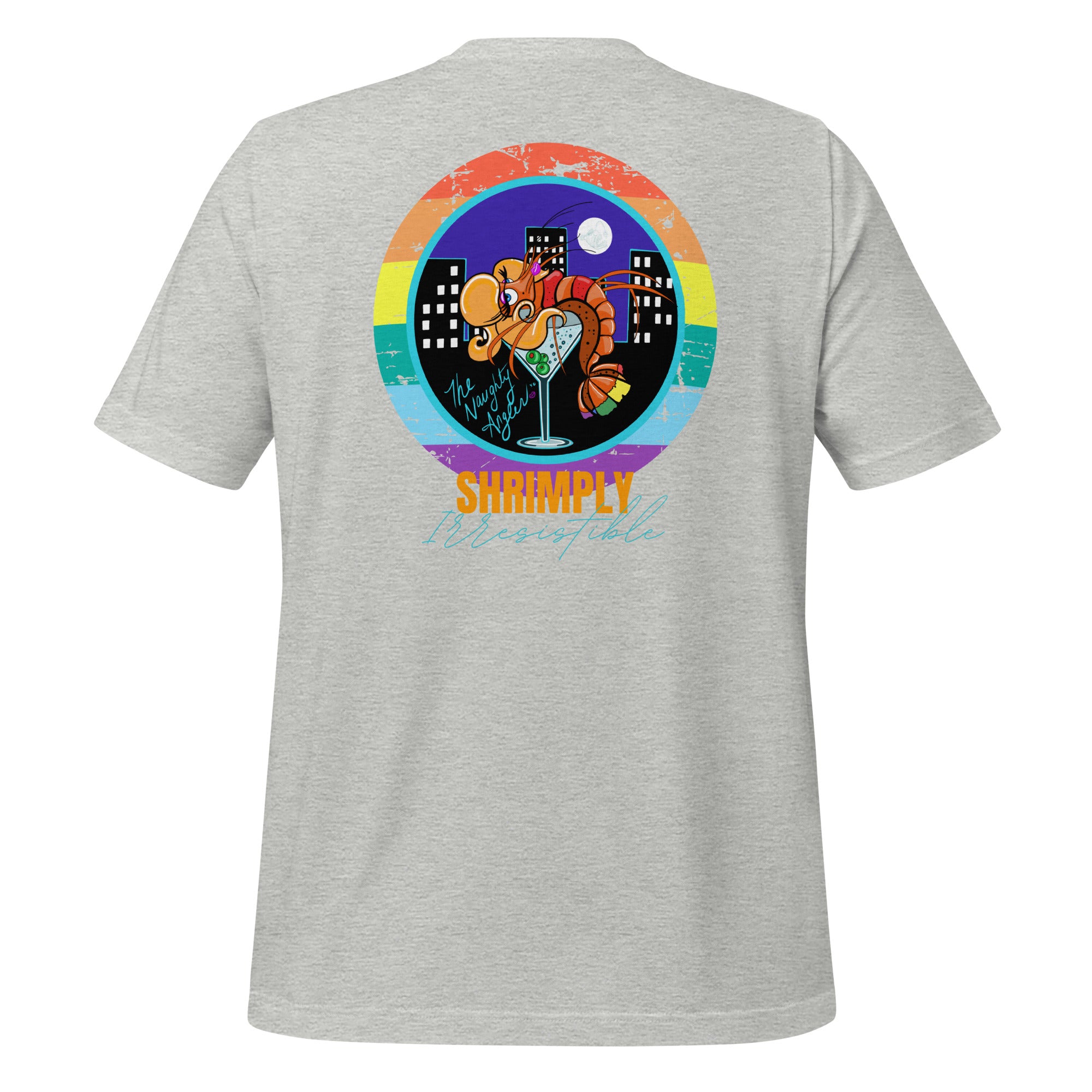 Back view of unisex athletic heather T-shirt with pride-inspired illustration of a shrimp lounging over a martini glass with city lights in the background and the wording “Shrimply Irresistible” by The Naughty Angler™
