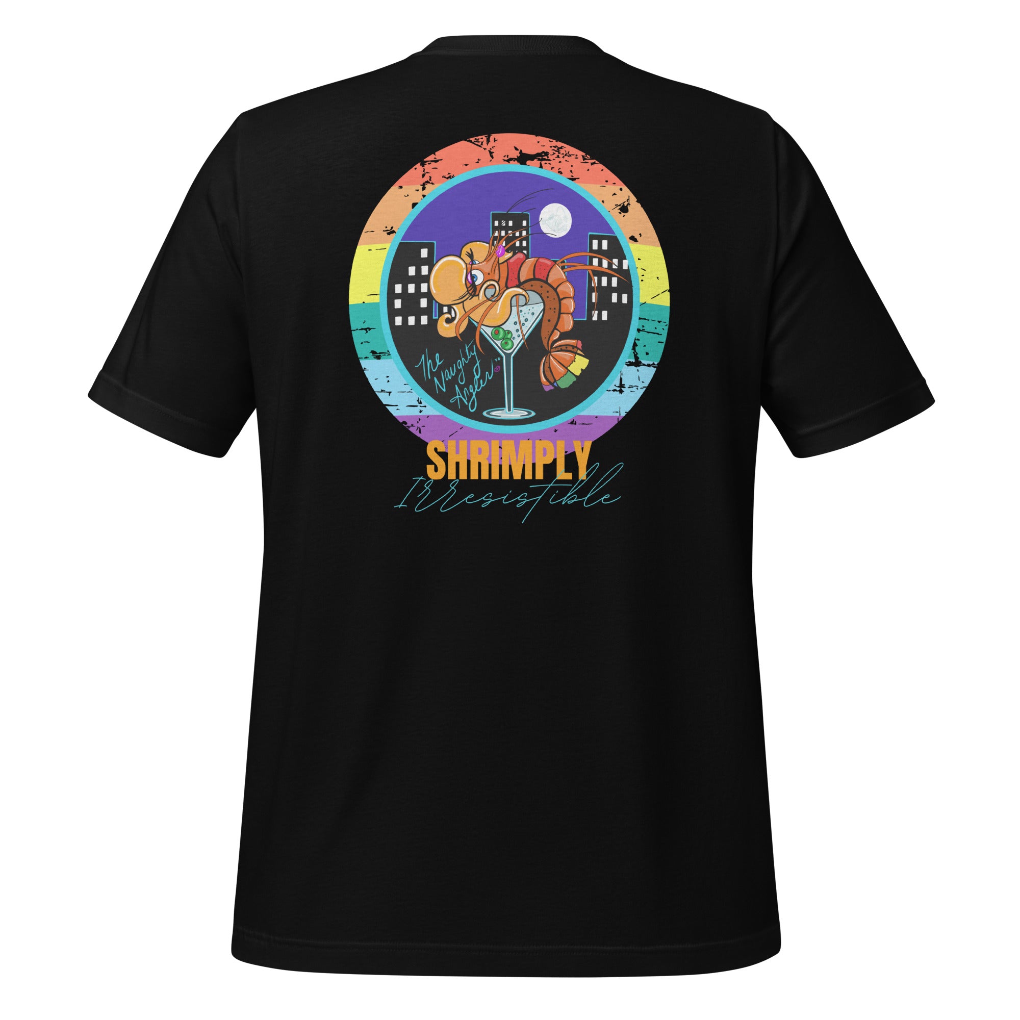 Back view of unisex black T-shirt with pride-inspired illustration of a shrimp lounging over a martini glass with city lights in the background and the wording “Shrimply Irresistible” by The Naughty Angler™
