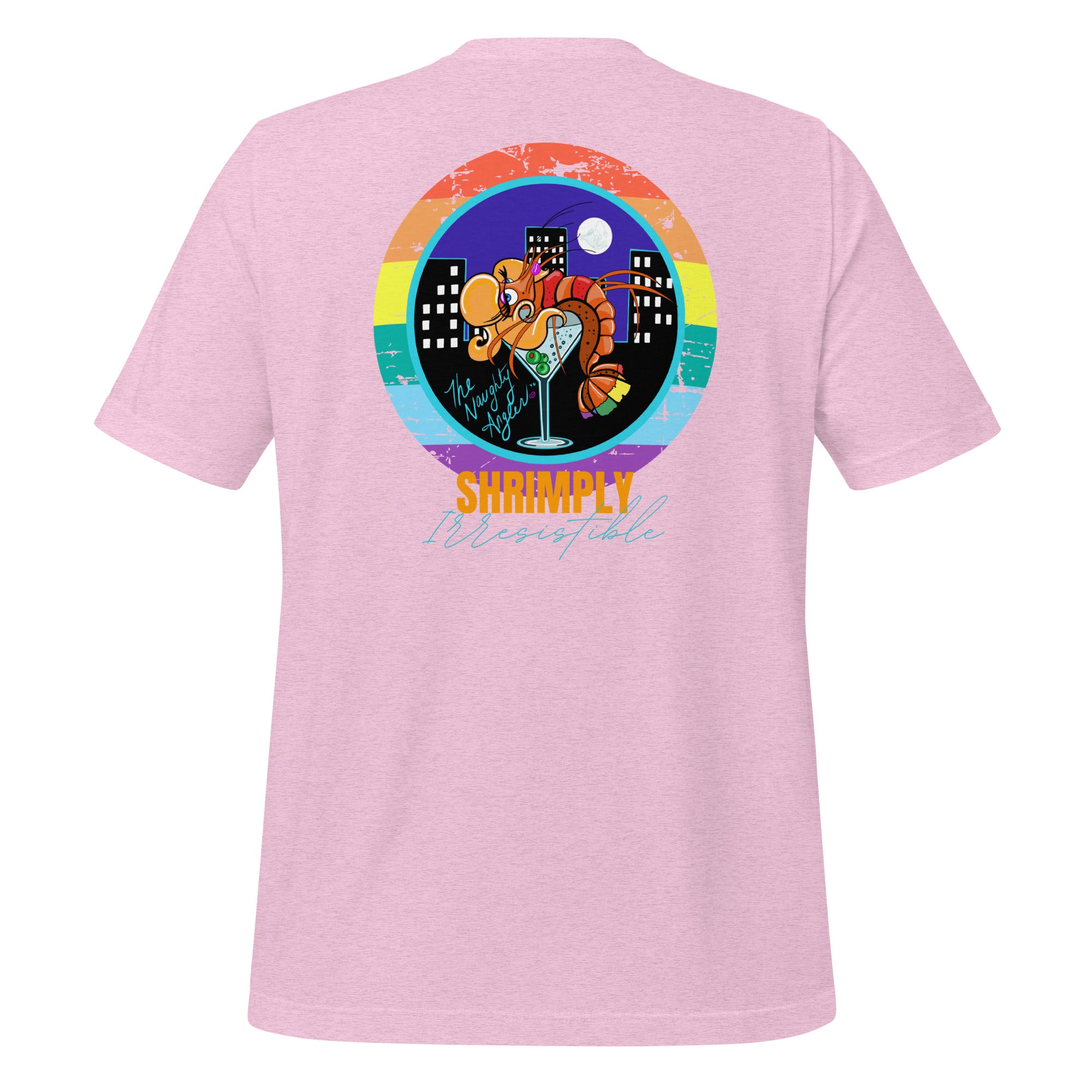 Back view of unisex heather prism lilac T-shirt with pride-inspired illustration of a shrimp lounging over a martini glass with city lights in the background and the wording “Shrimply Irresistible” by The Naughty Angler™
