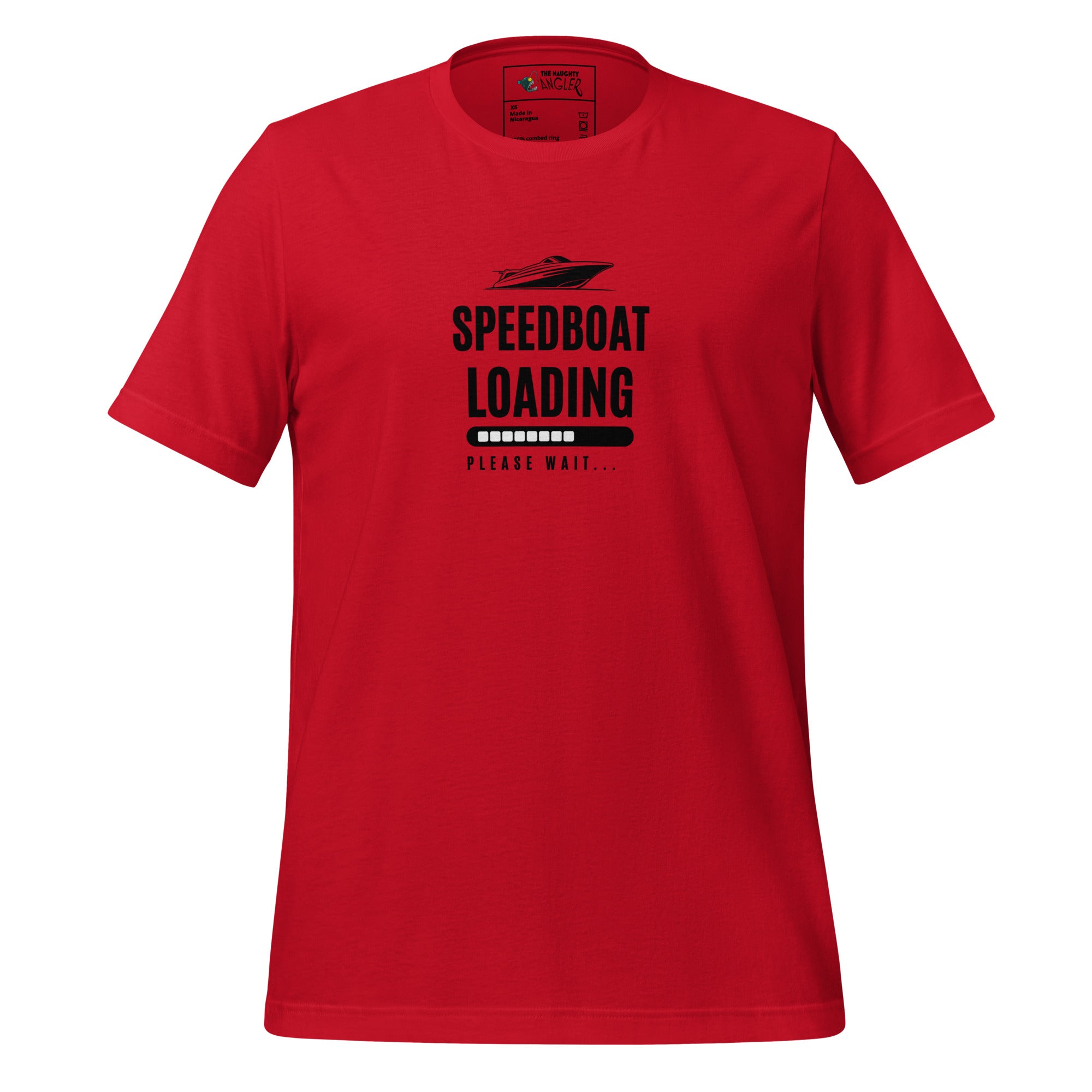 Front view of unisex red T-shirt with speedboat graphic and the wording “Speedboat Loading” by The Naughty Angler™
