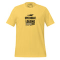 Front view of unisex yellow T-shirt with speedboat graphic and the wording “Speedboat Loading” by The Naughty Angler™
