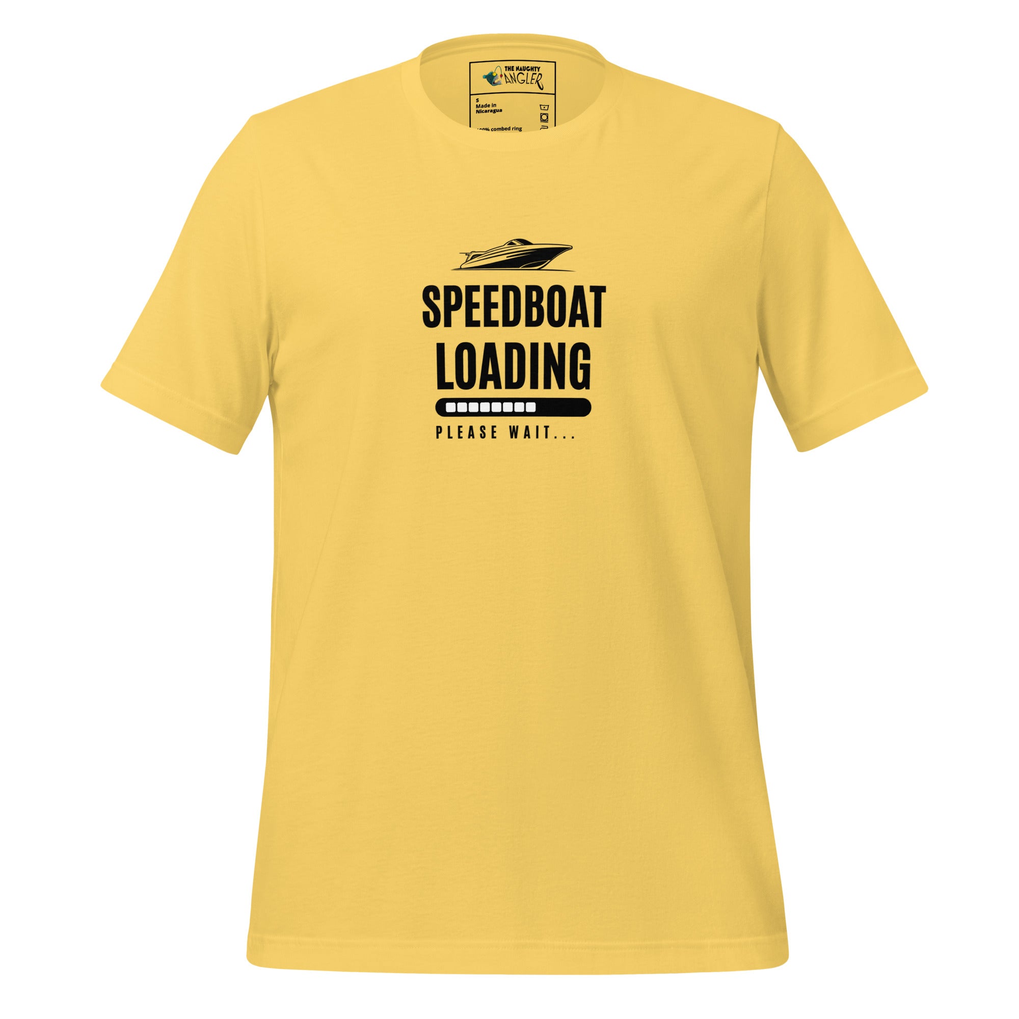 Front view of unisex yellow T-shirt with speedboat graphic and the wording “Speedboat Loading” by The Naughty Angler™
