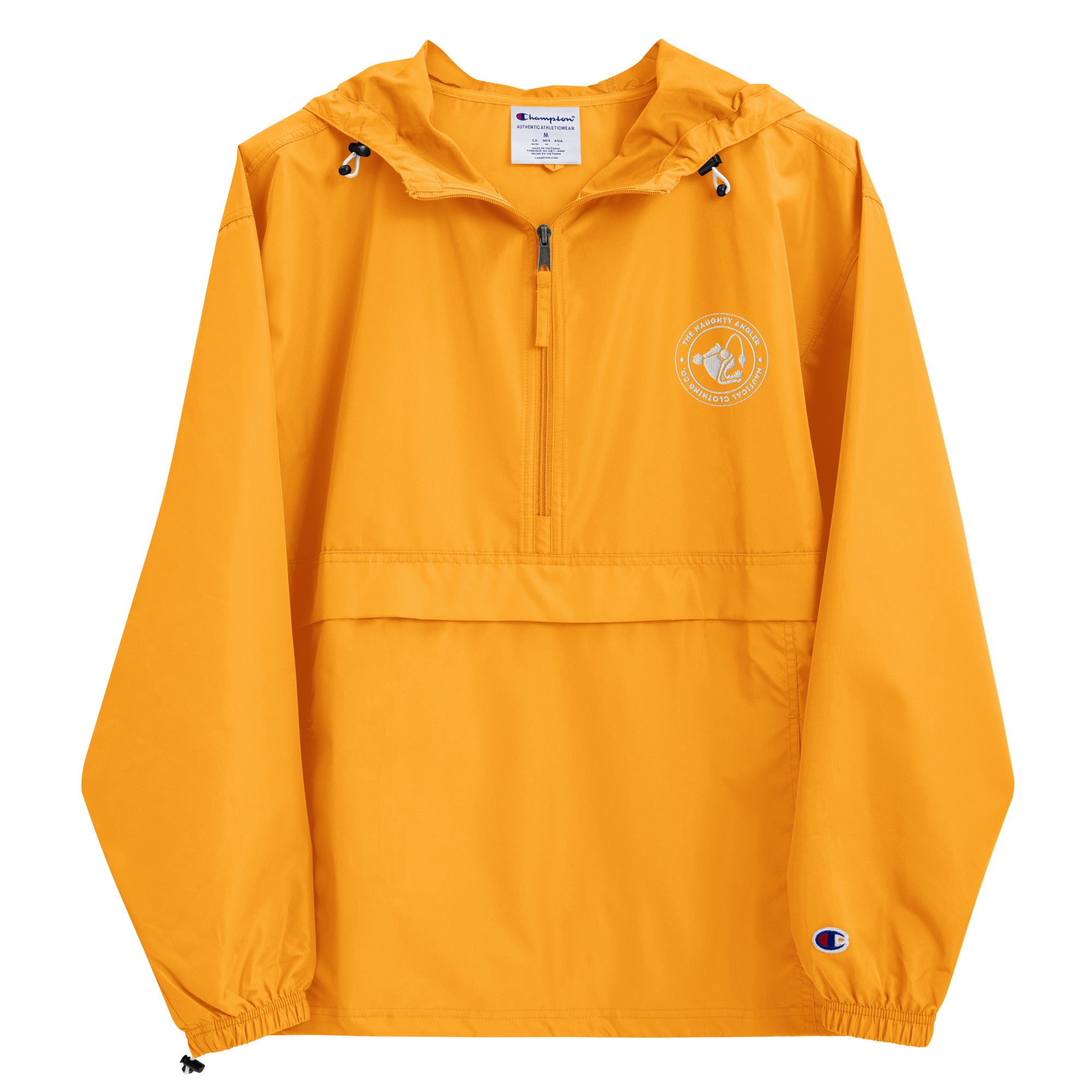 Front view of gold Champion packable jacket with small embroidered The Naughty Angler™ logo on the upper right chest

