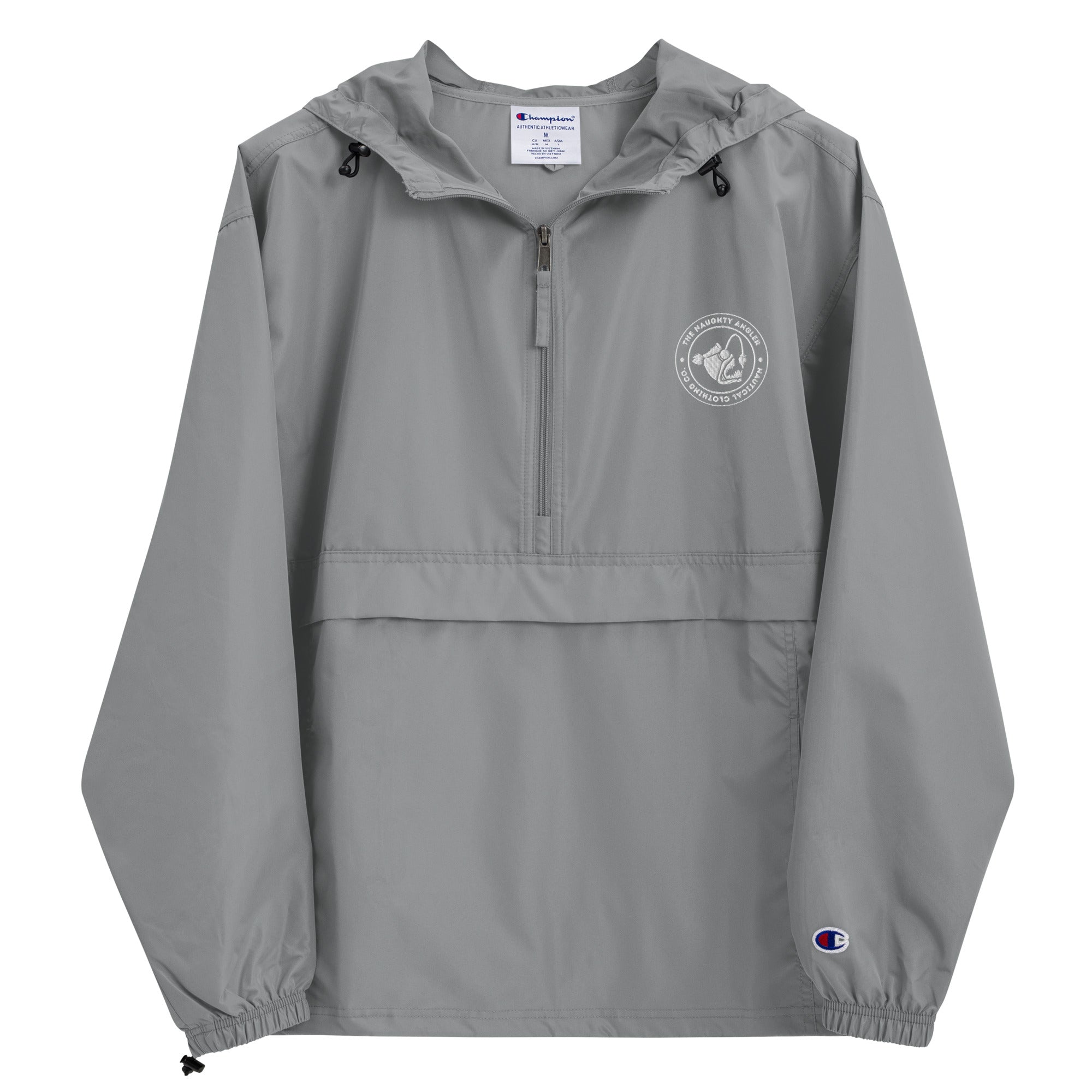 Front view of graphite Champion packable jacket with small embroidered The Naughty Angler™ logo on the upper right chest
