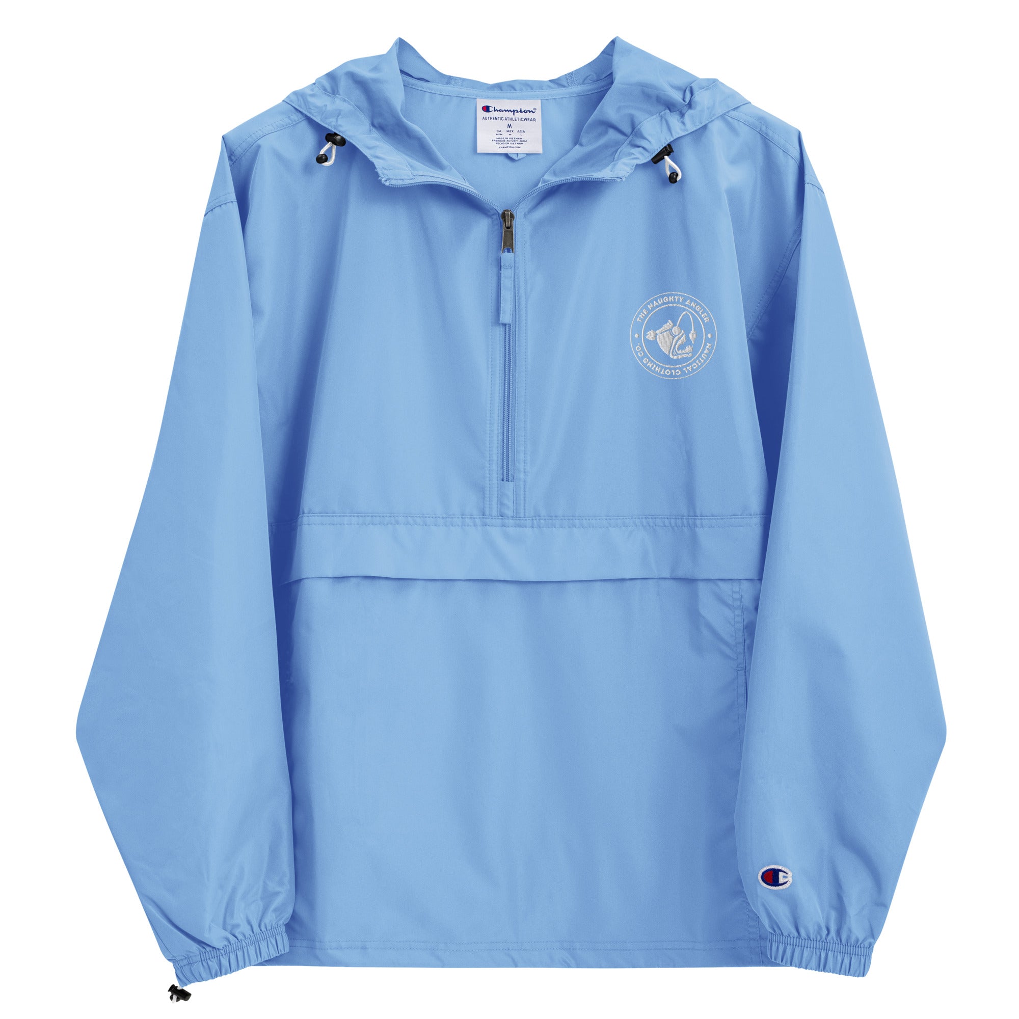 Front view of light blue Champion packable jacket with small embroidered The Naughty Angler™ logo on the upper right chest
