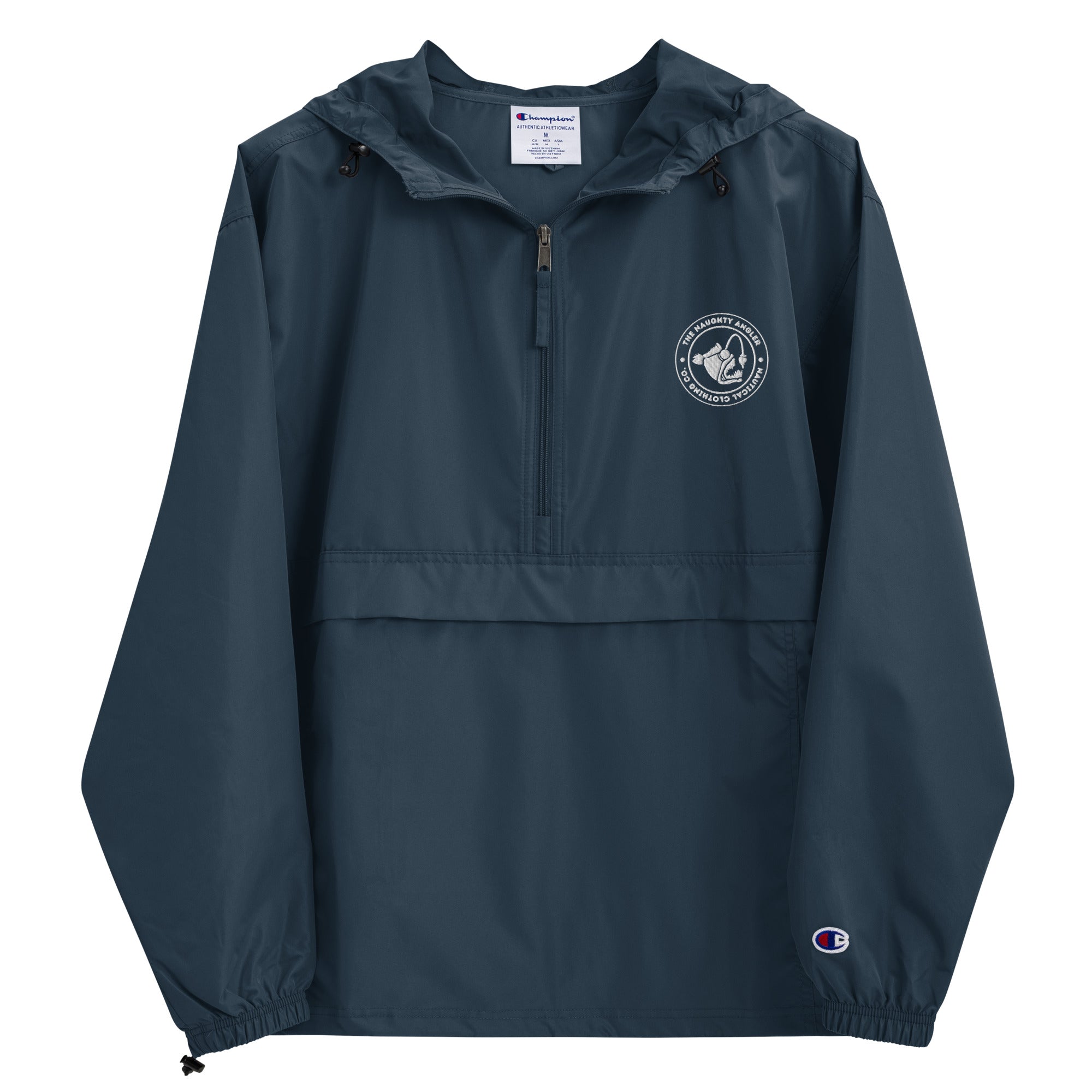 Front view of navy Champion packable jacket with small embroidered The Naughty Angler™ logo on the upper right chest
