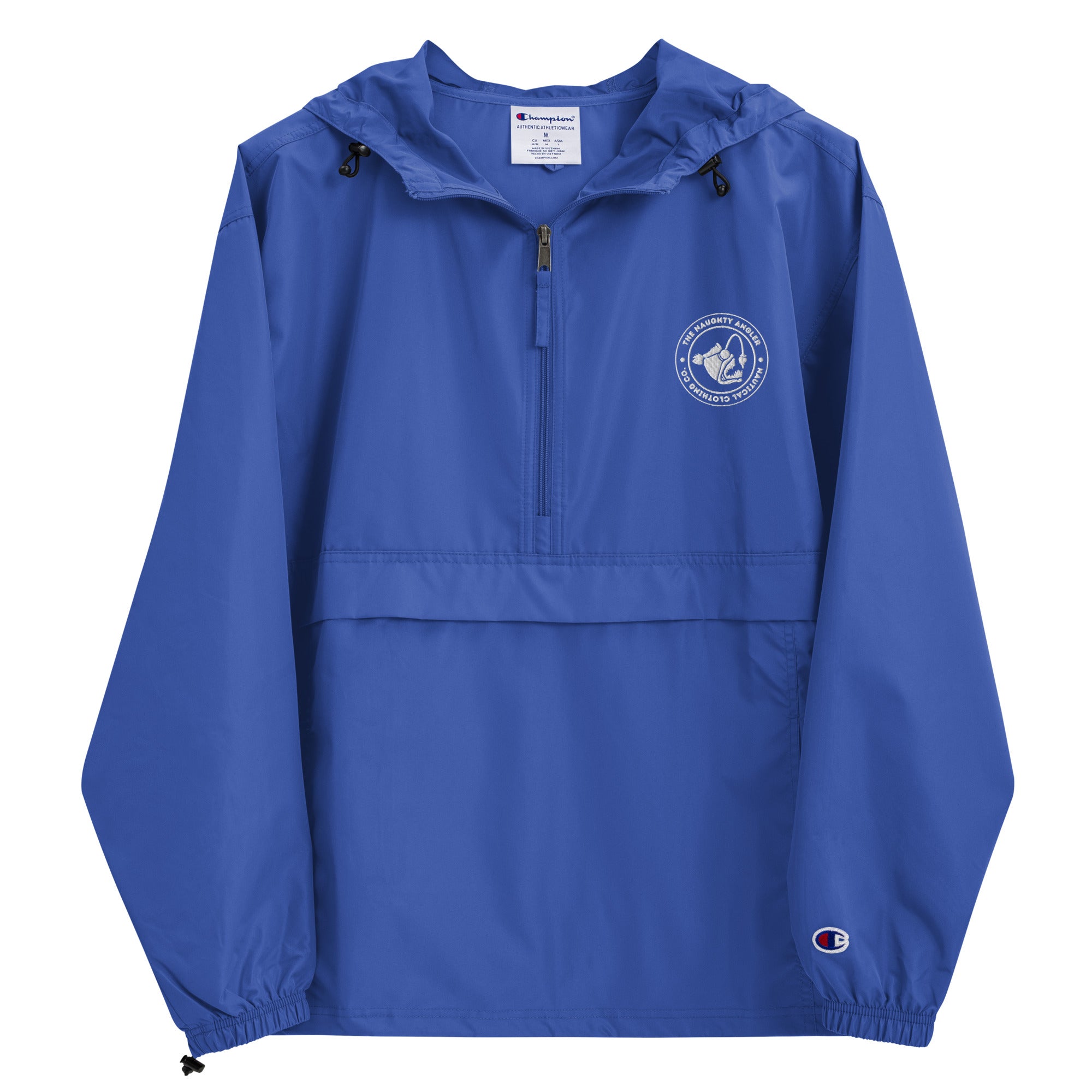 Front view of royal blue Champion packable jacket with small embroidered The Naughty Angler™ logo on the upper right chest
