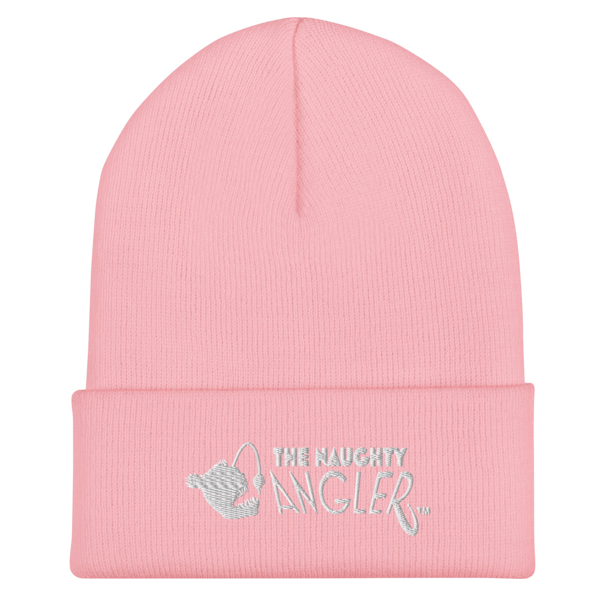 Baby pink cuffed beanie with front embroidered The Naughty Angler™ logo
