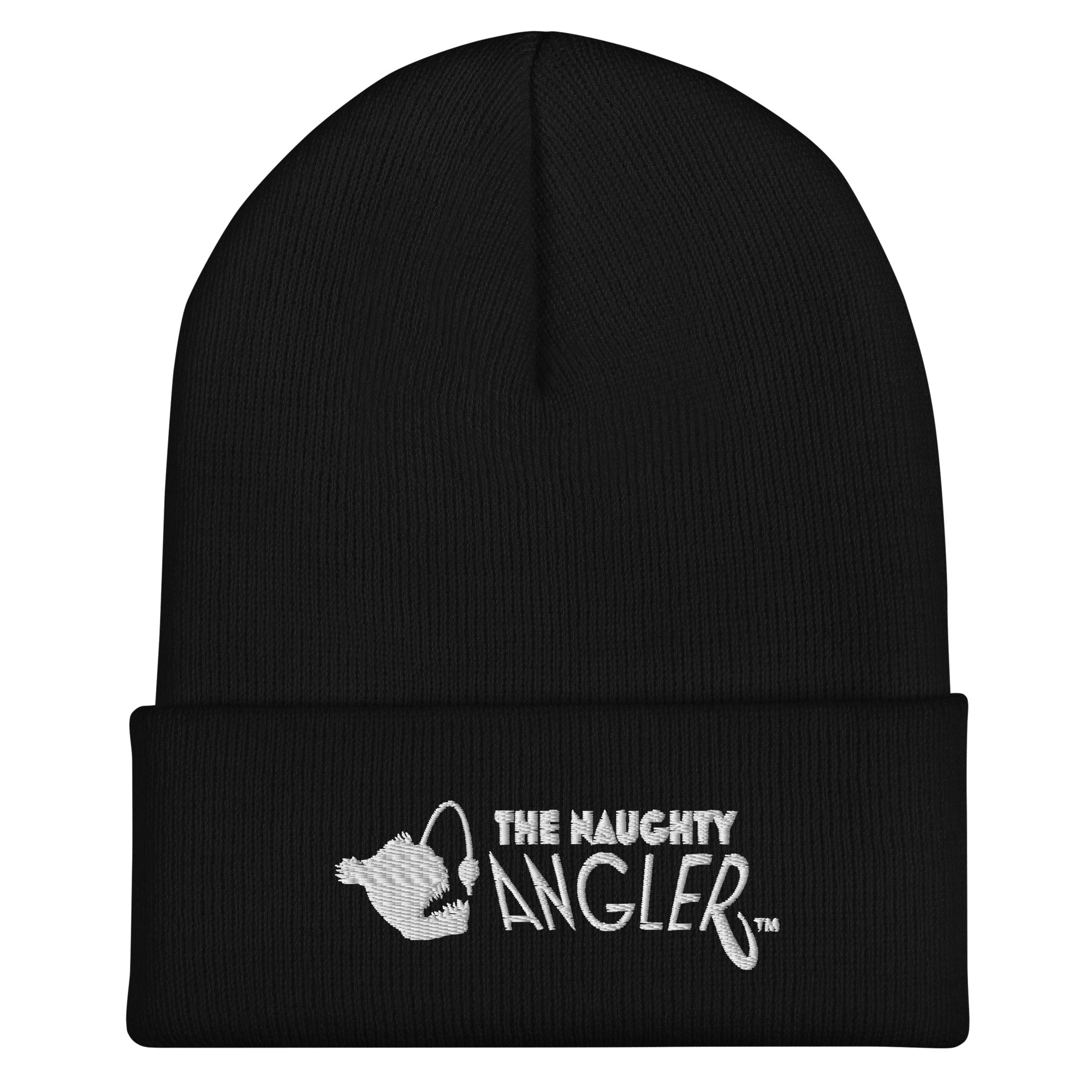 Black cuffed beanie with front embroidered The Naughty Angler™ logo
