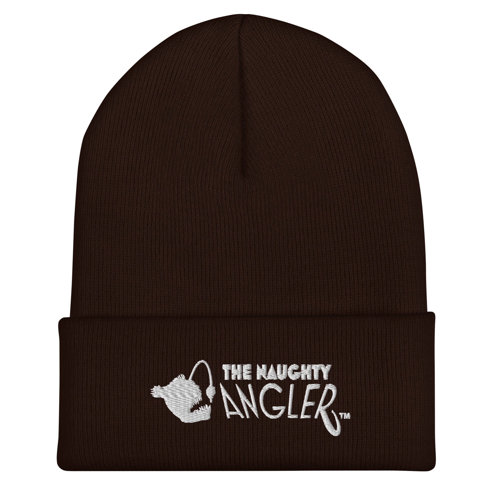 Brown cuffed beanie with front embroidered The Naughty Angler™ logo
