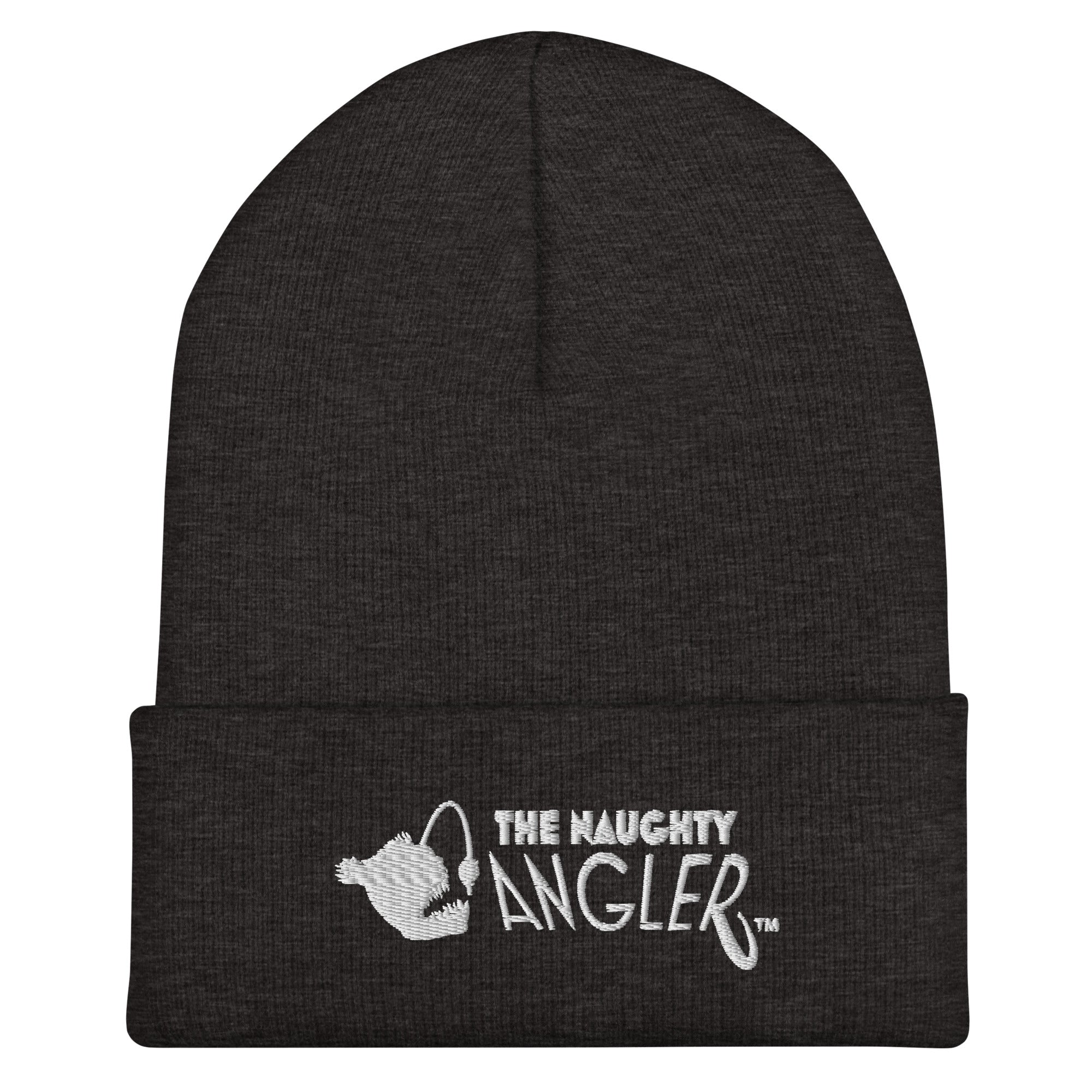 Dark grey cuffed beanie with front embroidered The Naughty Angler™ logo
