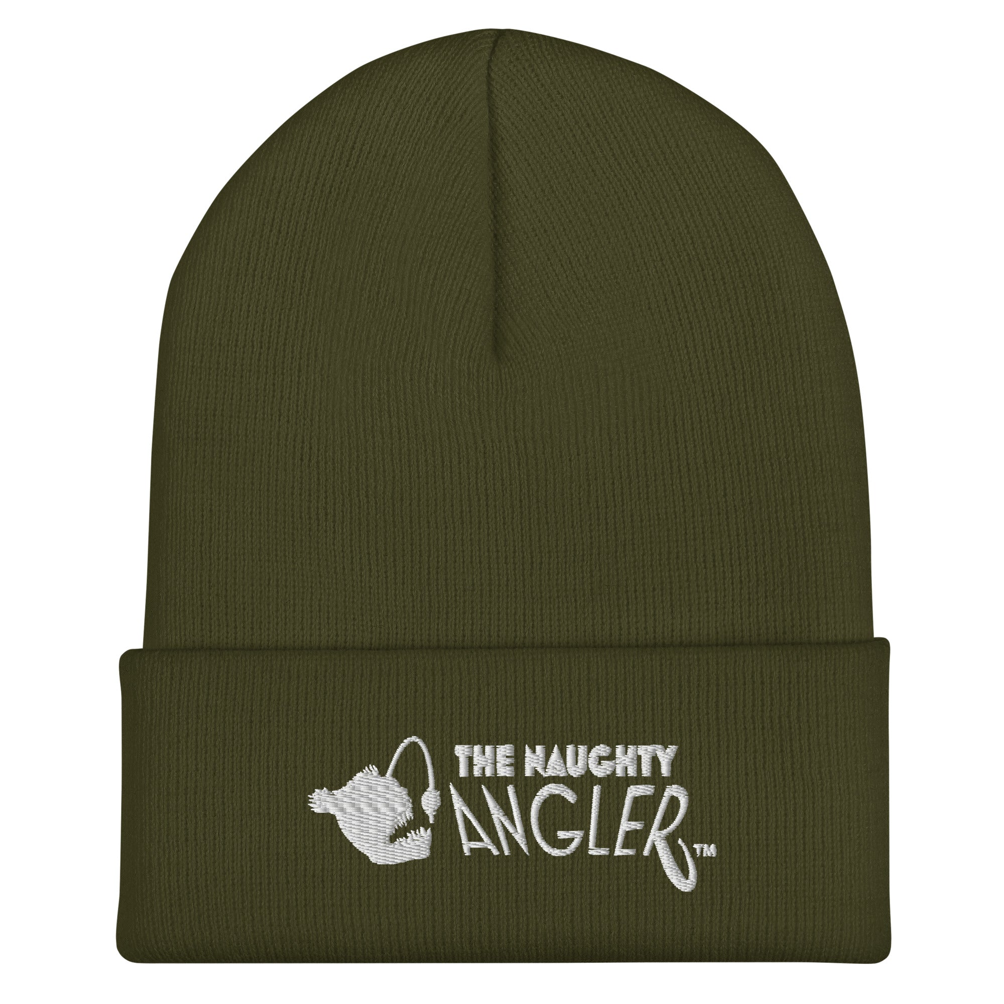 Olive cuffed beanie with front embroidered The Naughty Angler™ logo
