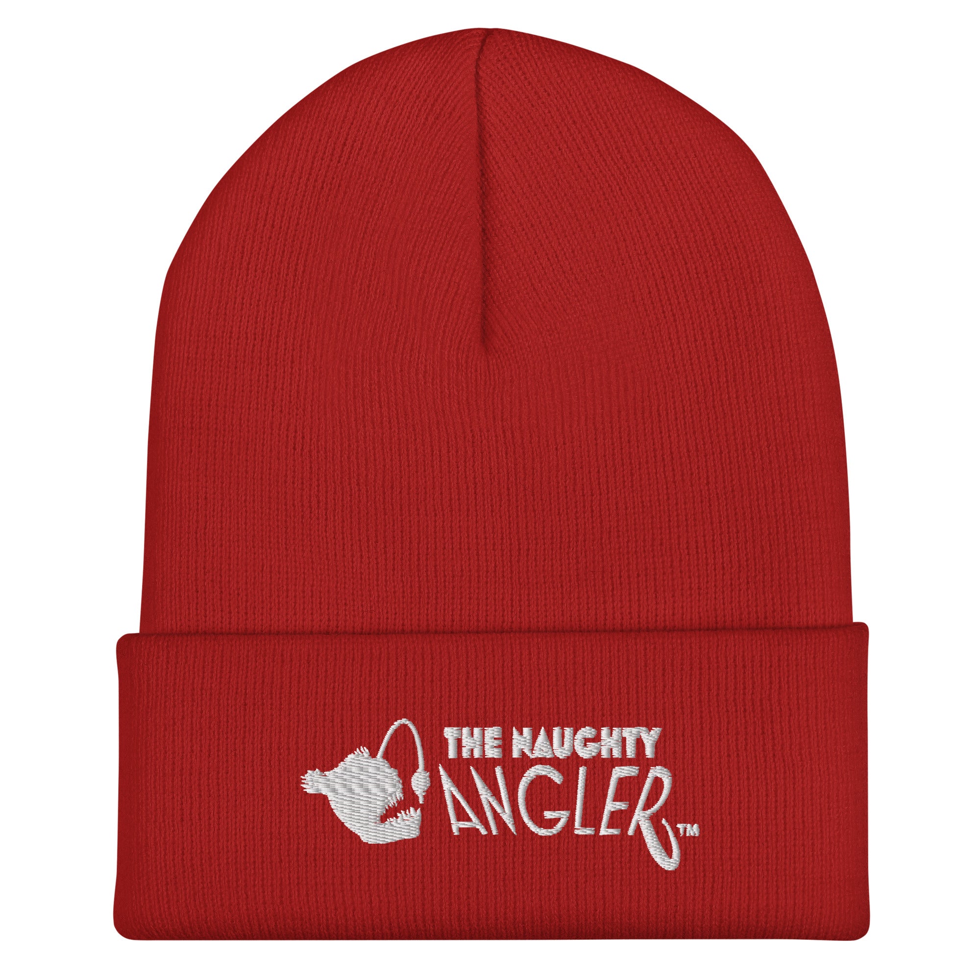 Red cuffed beanie with front embroidered The Naughty Angler™ logo
