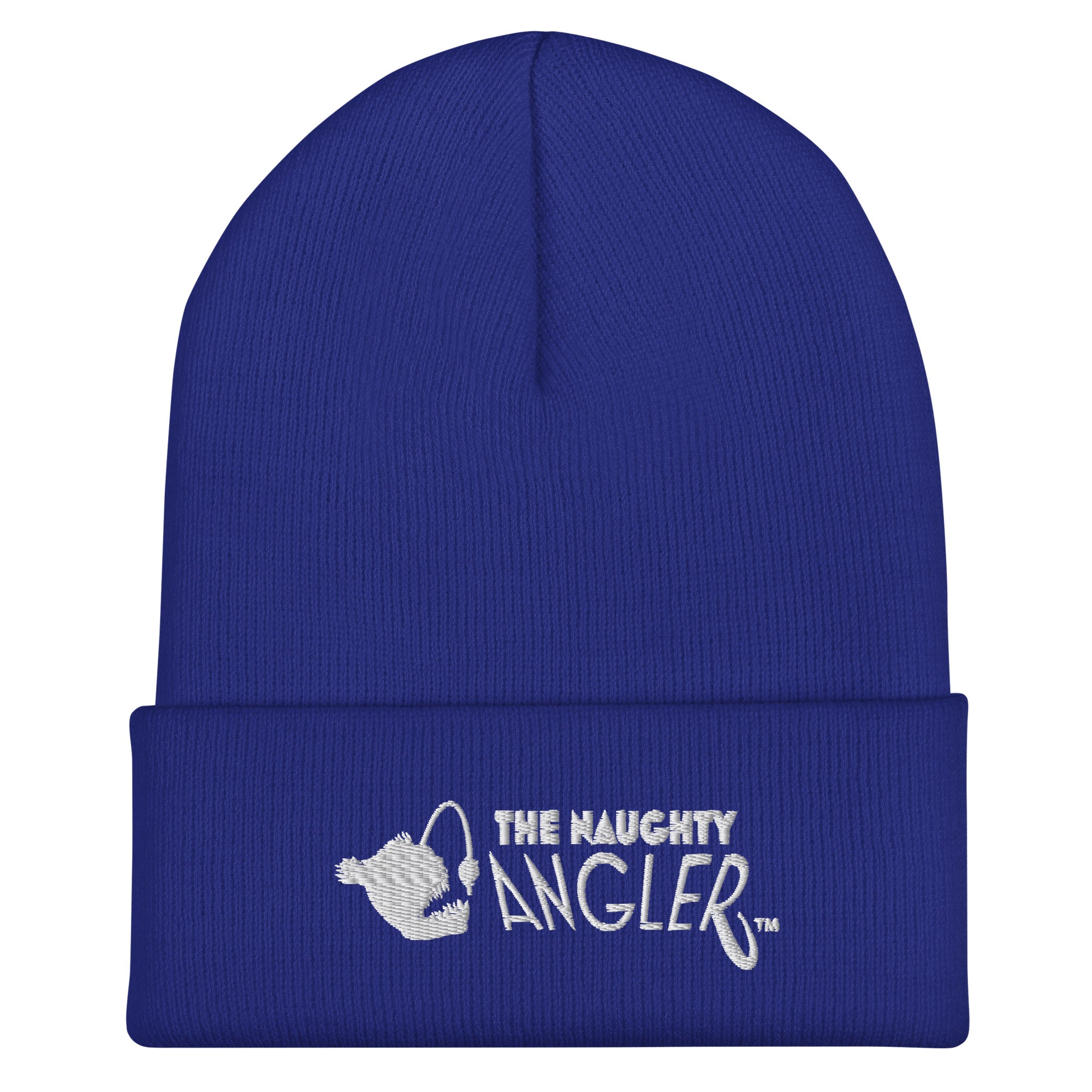 Royal blue cuffed beanie with front embroidered The Naughty Angler™ logo
