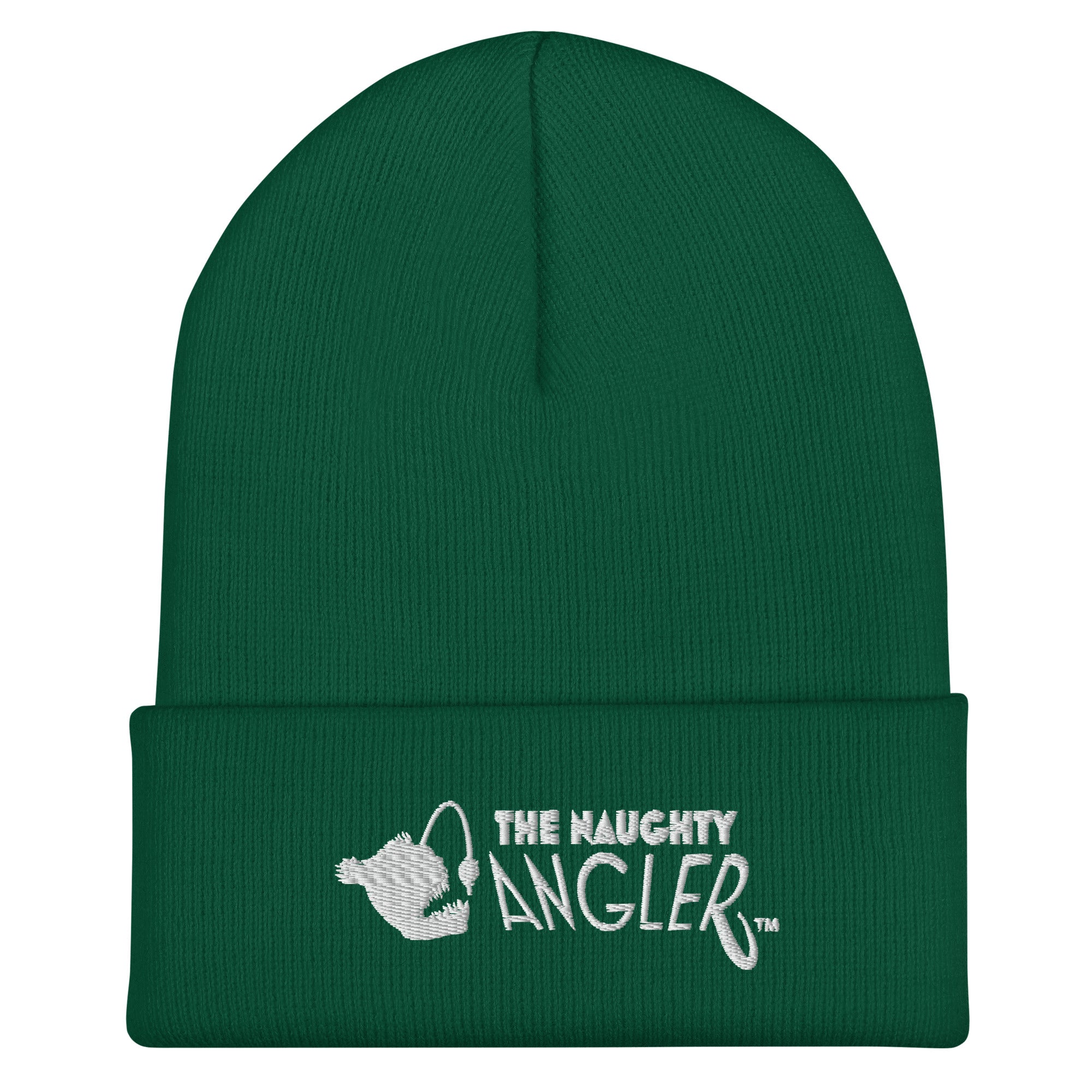Spruce green cuffed beanie with front embroidered The Naughty Angler™ logo
