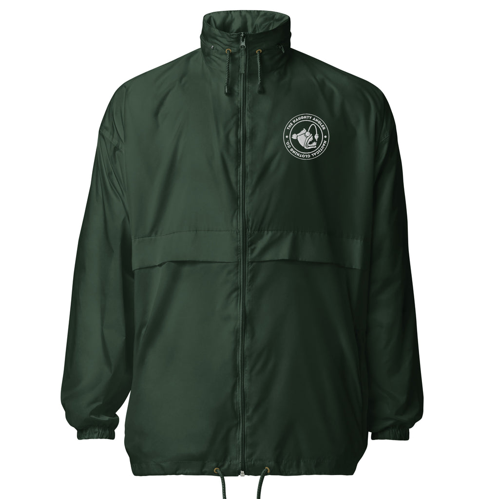 Front view of unisex forest green windbreaker with white embroidered The Naughty Angler™ logo on the right chest
