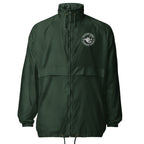 Front view of unisex forest green windbreaker with white embroidered The Naughty Angler™ logo on the right chest
