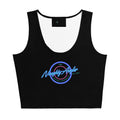 Front view of women’s black crop top with centered neon-style The Naughty Angler™ logo in pink and blue
