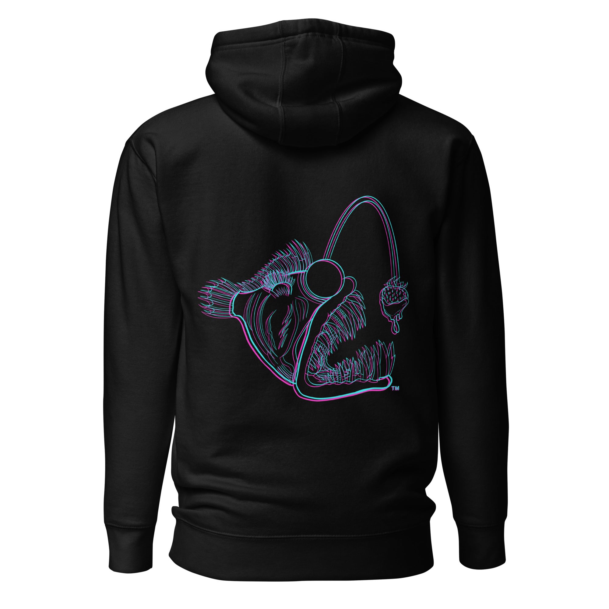 Back view of unisex black hoodie with 3D angler fish design by The Naughty Angler™
